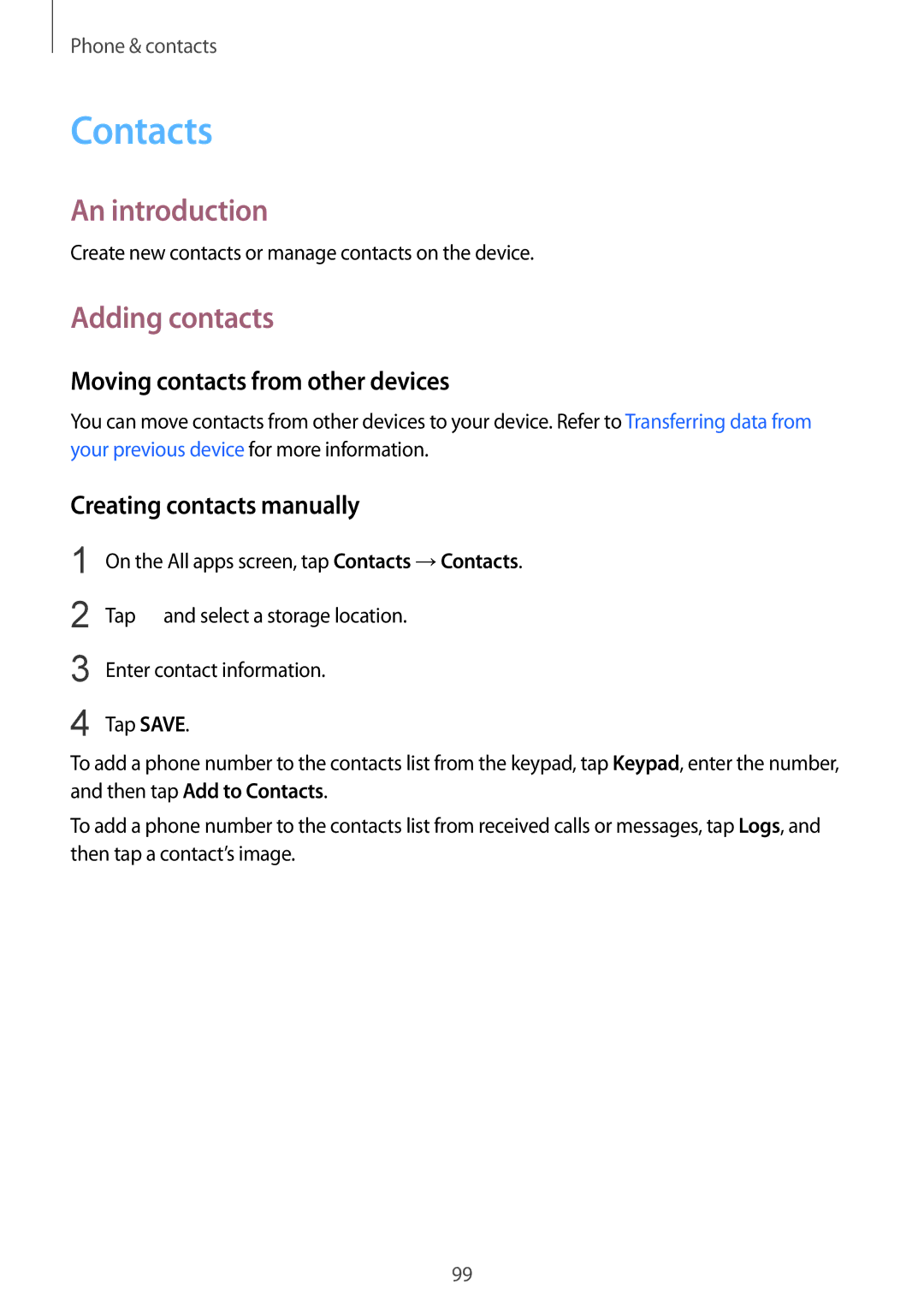 Samsung SM-N915FZKEILO Contacts, Adding contacts, Moving contacts from other devices, Creating contacts manually 