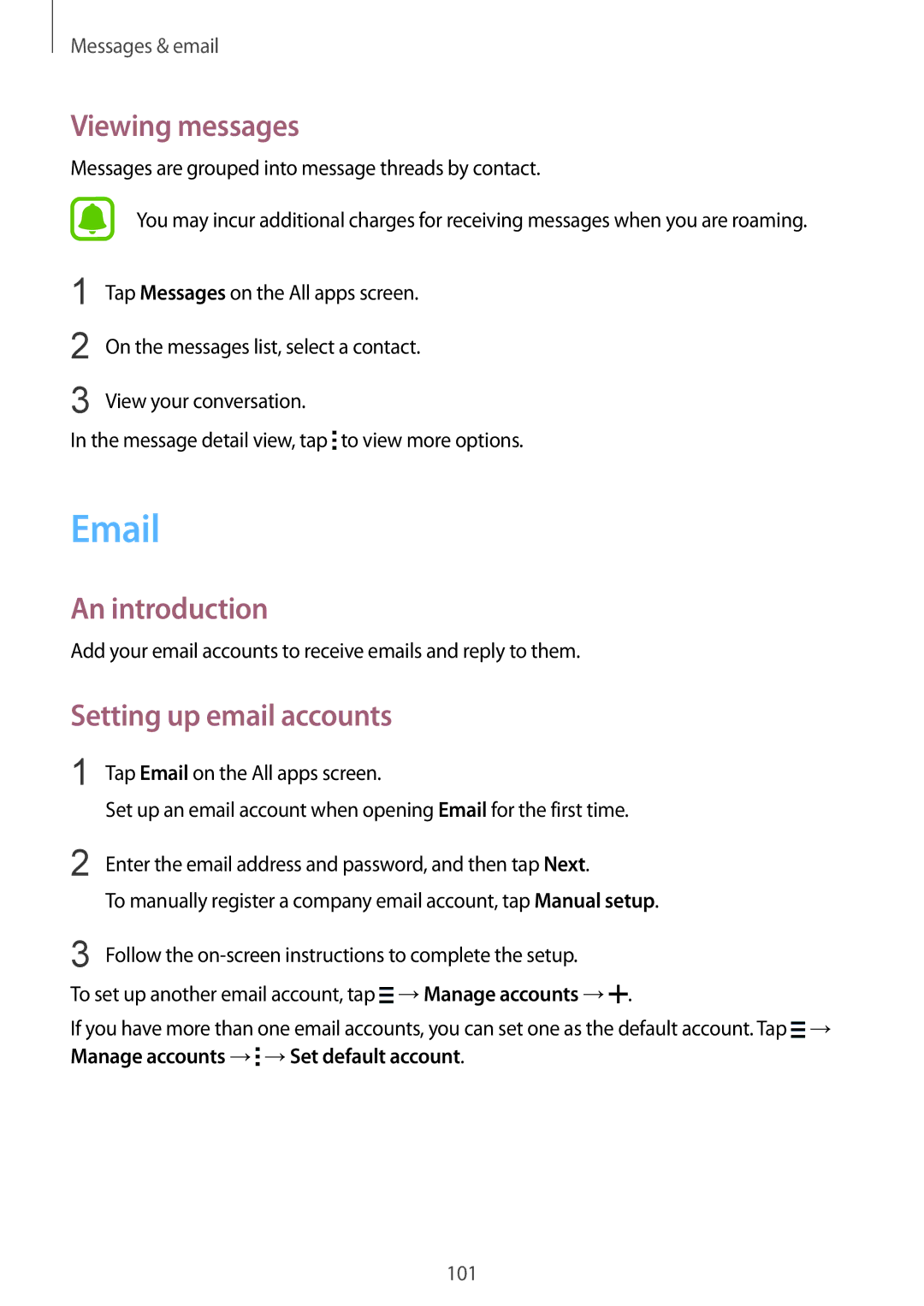 Samsung SM-N915FZKEXEV, SM-N915FZWEKSA, SM-N915FZWEXEV, SM-N915FZWEILO manual Viewing messages, Setting up email accounts 