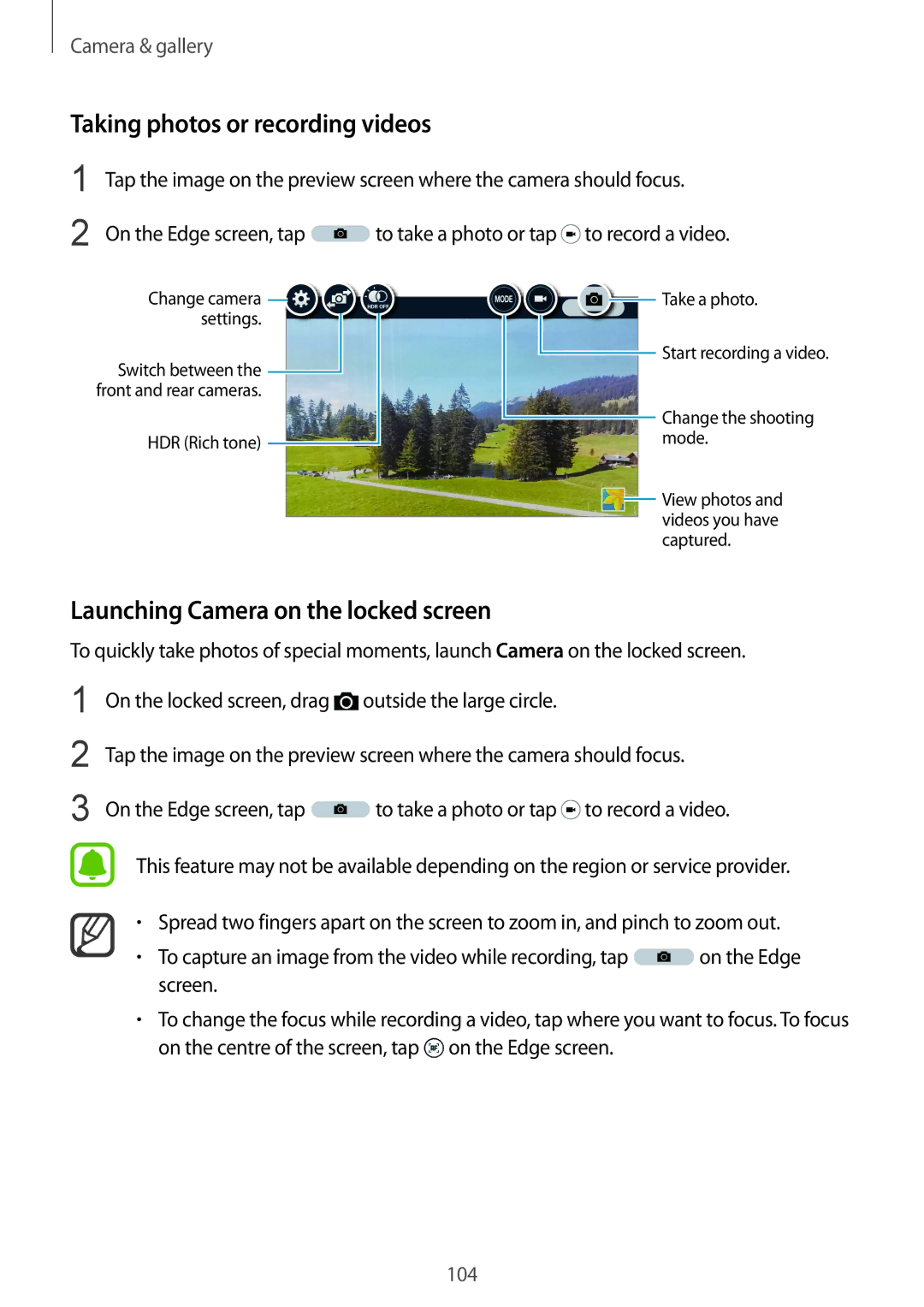 Samsung SM-N915FZKEILO, SM-N915FZWEKSA manual Taking photos or recording videos, Launching Camera on the locked screen 