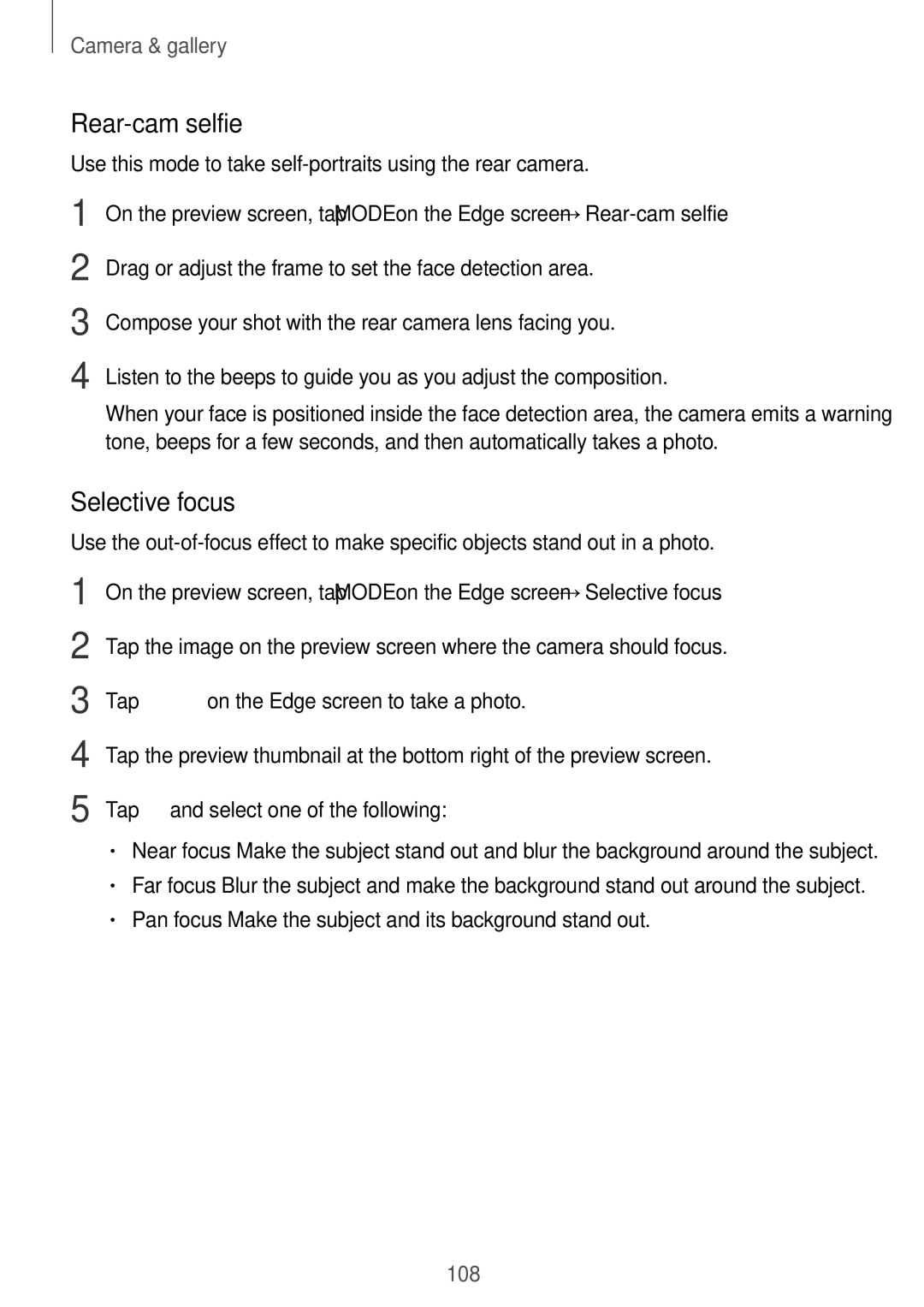 Samsung SM-N915FZWEILO manual Rear-cam selfie, Selective focus, Pan focus Make the subject and its background stand out 