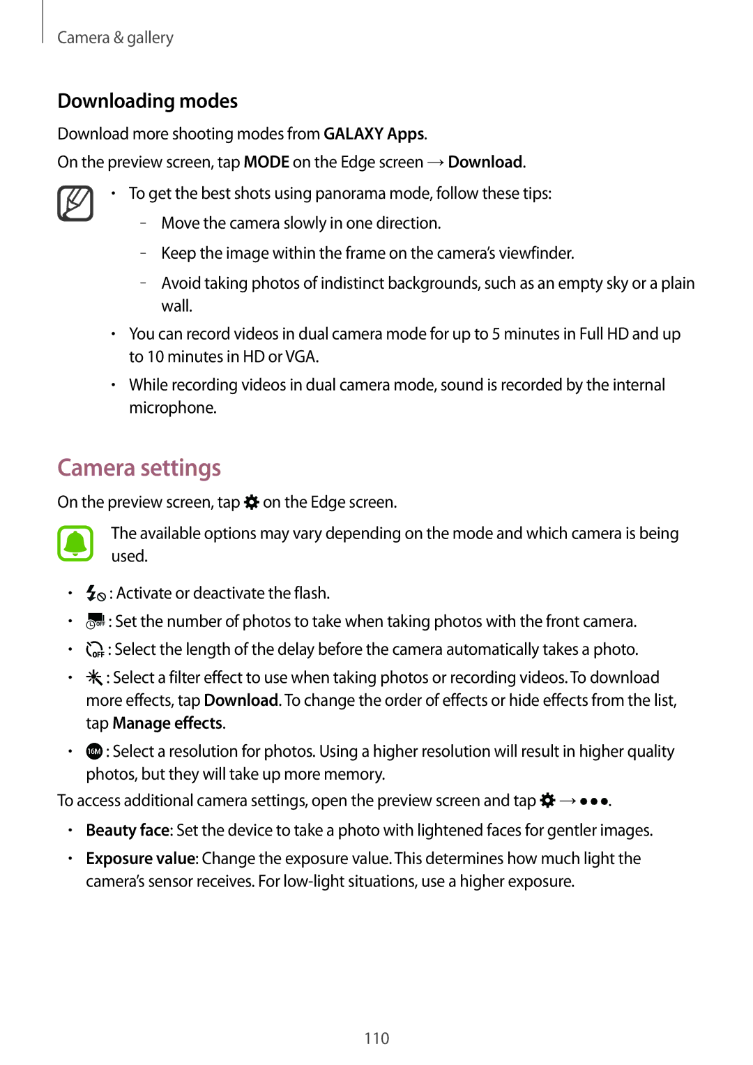 Samsung SM-N915FZWEKSA, SM-N915FZKEXEV, SM-N915FZWEXEV, SM-N915FZWEILO, SM-N915FZKEILO Camera settings, Downloading modes 