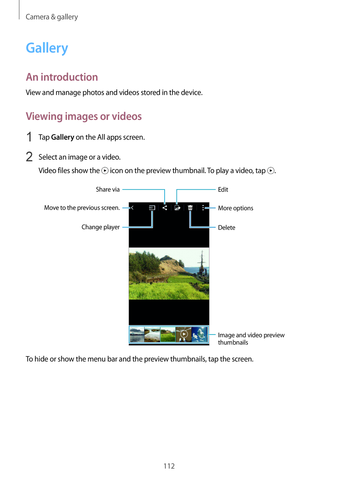 Samsung SM-N915FZWEXEV manual Gallery, Viewing images or videos, View and manage photos and videos stored in the device 