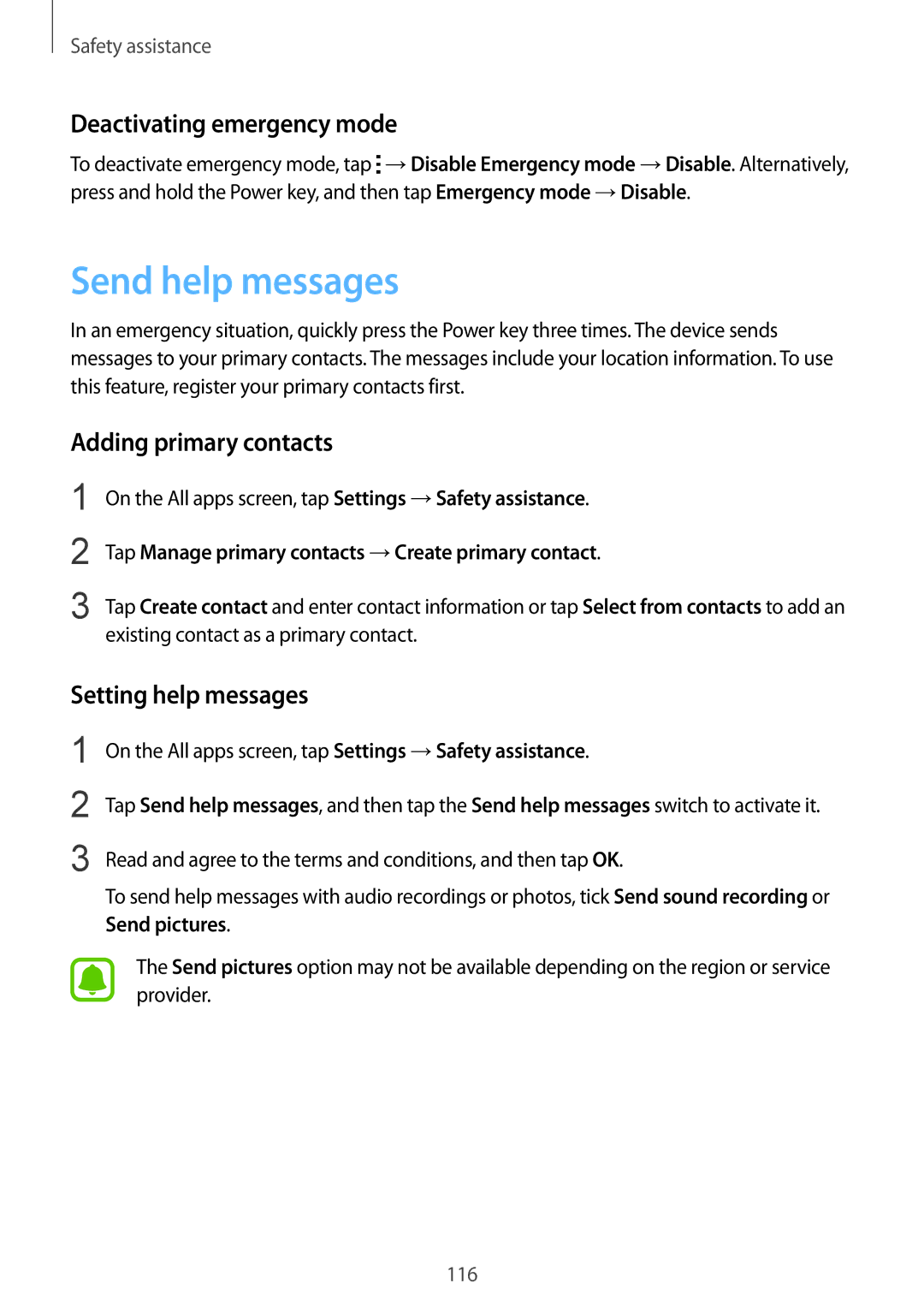 Samsung SM-N915FZKEXEV Send help messages, Deactivating emergency mode, Adding primary contacts, Setting help messages 