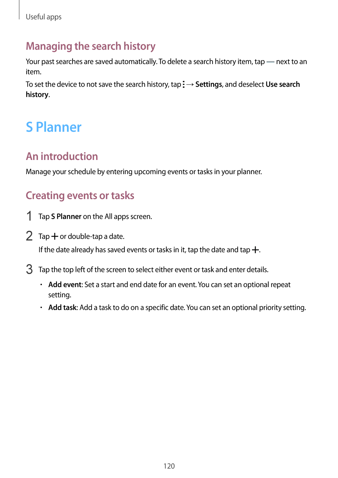 Samsung SM-N915FZWEKSA, SM-N915FZKEXEV, SM-N915FZWEXEV manual Planner, Managing the search history, Creating events or tasks 