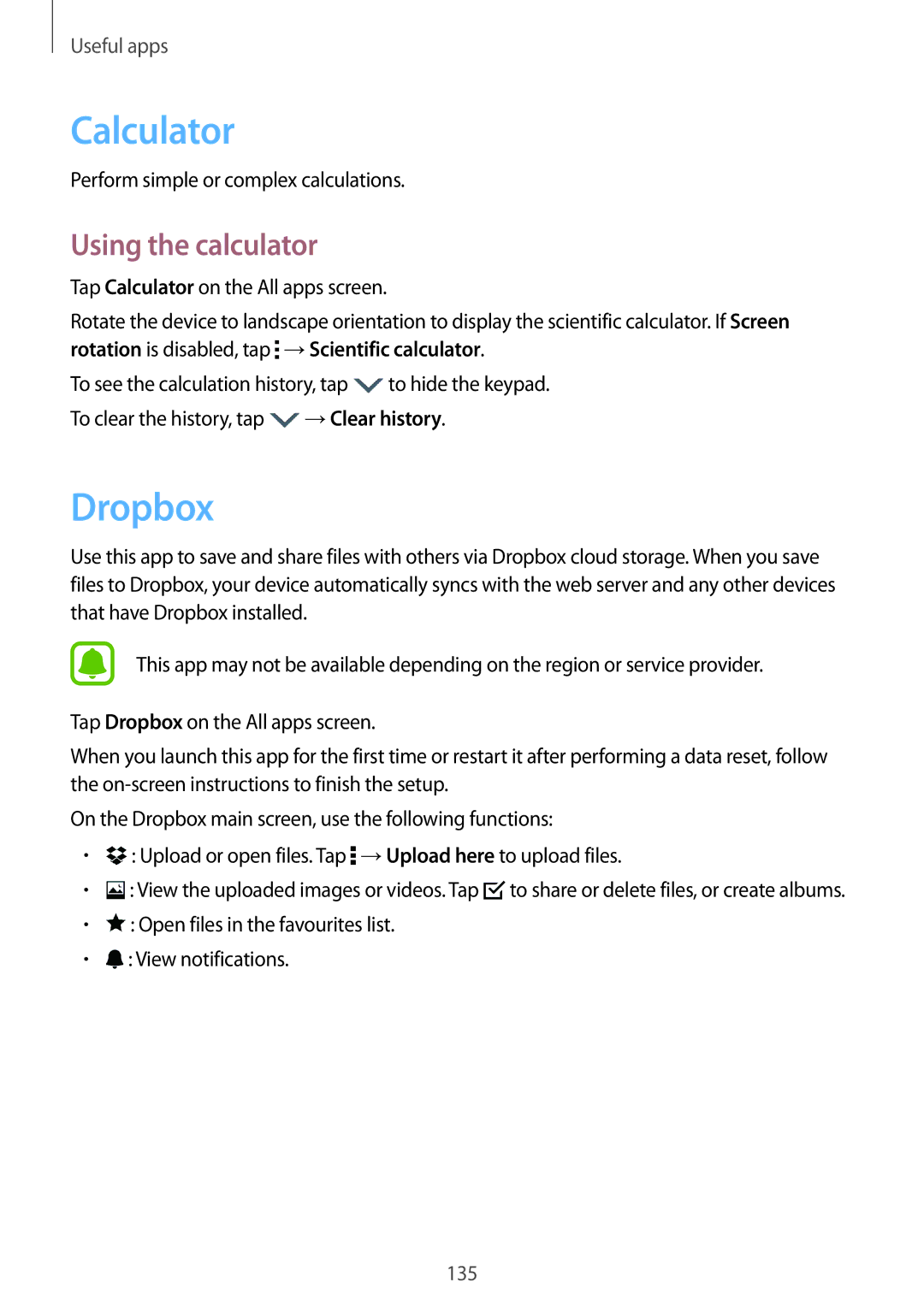 Samsung SM-N915FZWEKSA, SM-N915FZKEXEV Calculator, Dropbox, Using the calculator, Perform simple or complex calculations 