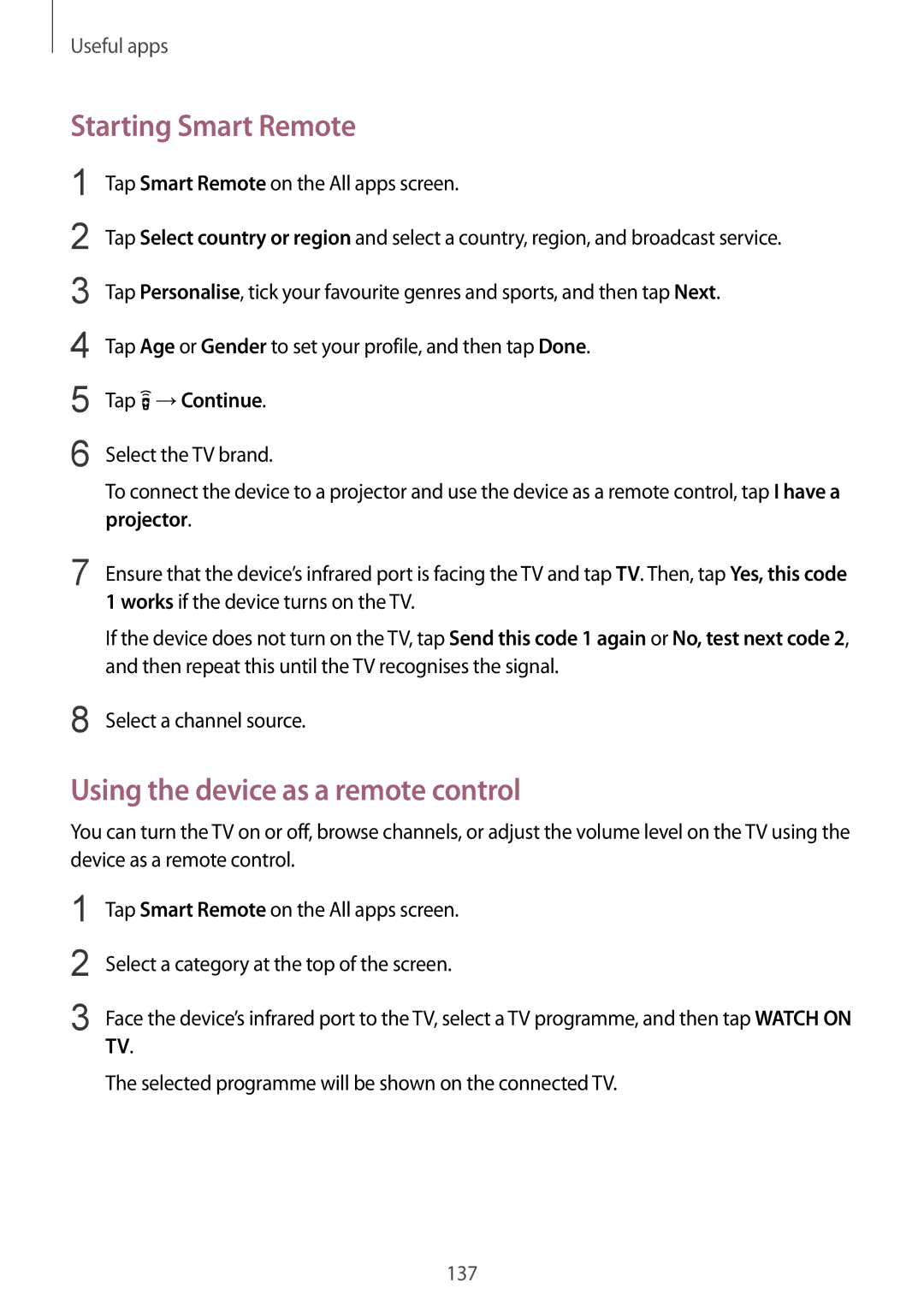 Samsung SM-N915FZWEXEV, SM-N915FZWEKSA manual Starting Smart Remote, Using the device as a remote control, Tap →Continue 