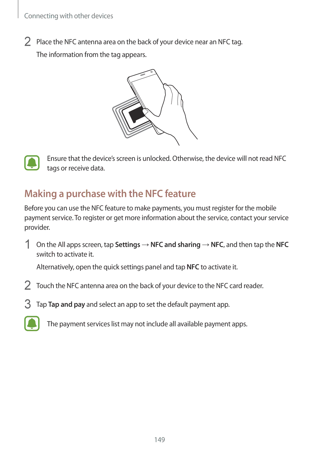 Samsung SM-N915FZKEILO, SM-N915FZWEKSA, SM-N915FZKEXEV manual Making a purchase with the NFC feature, Switch to activate it 