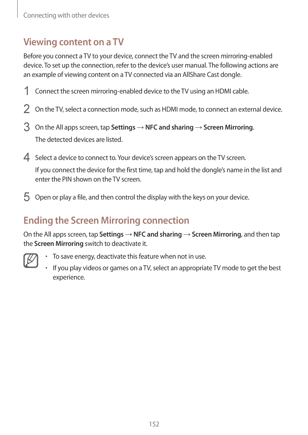 Samsung SM-N915FZWEXEV, SM-N915FZWEKSA, SM-N915FZKEXEV manual Viewing content on a TV, Ending the Screen Mirroring connection 