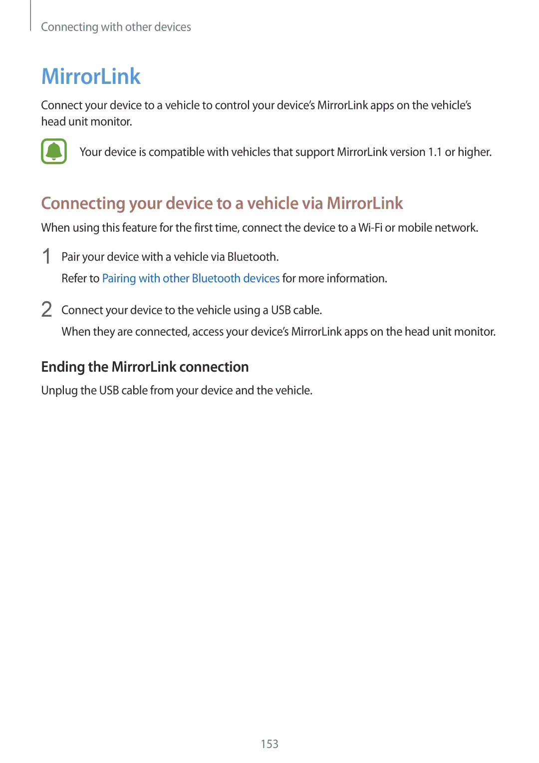 Samsung SM-N915FZWEILO manual Connecting your device to a vehicle via MirrorLink, Ending the MirrorLink connection 