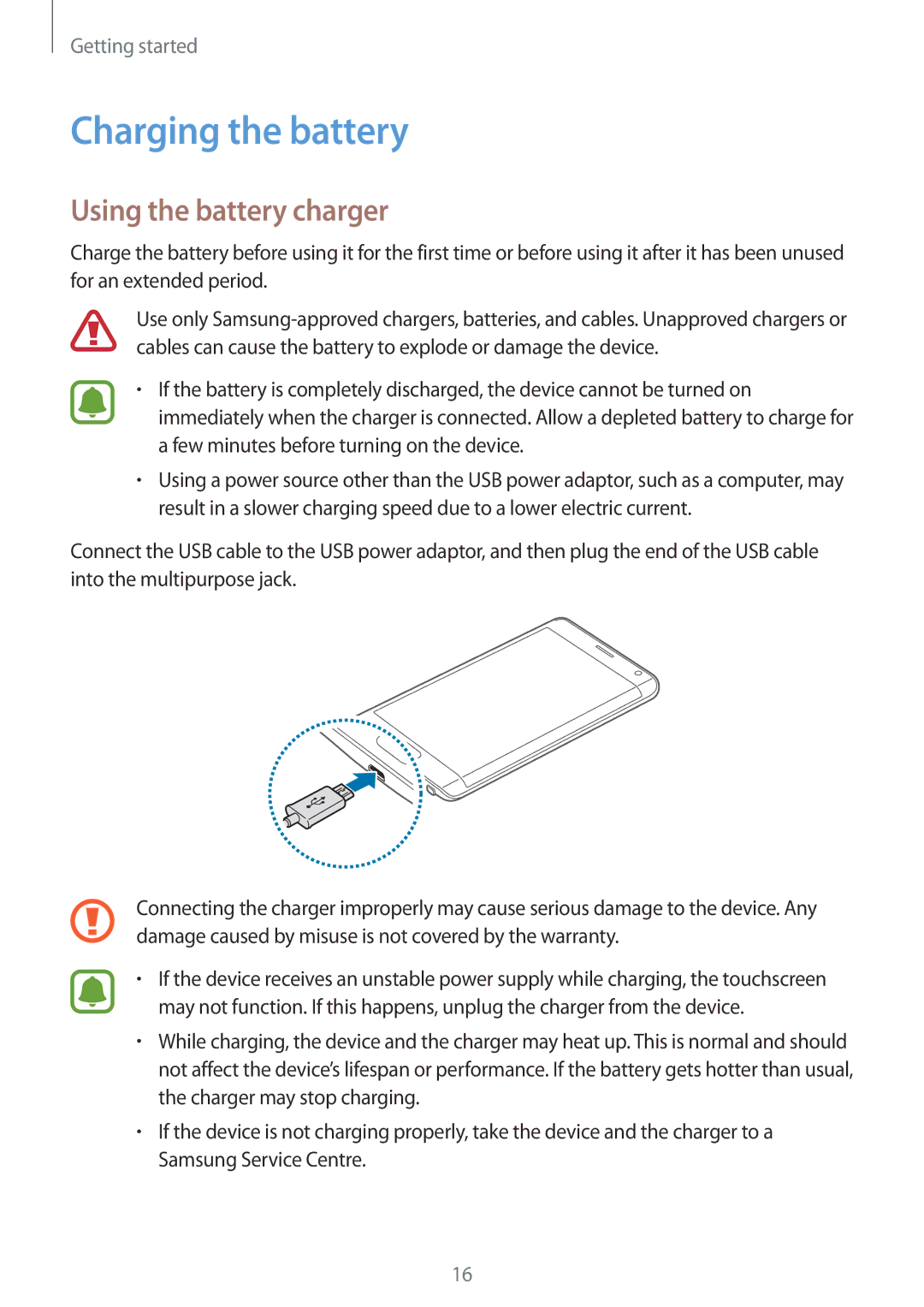 Samsung SM-N915FZKEXEV, SM-N915FZWEKSA, SM-N915FZWEXEV, SM-N915FZWEILO manual Charging the battery, Using the battery charger 