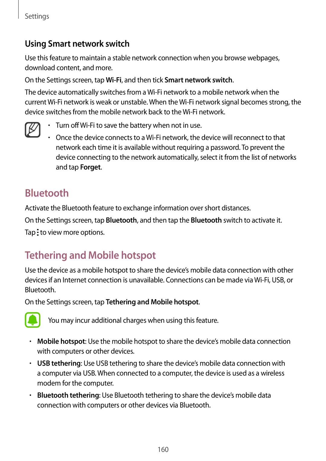 Samsung SM-N915FZWEKSA, SM-N915FZKEXEV, SM-N915FZWEXEV Bluetooth, Tethering and Mobile hotspot, Using Smart network switch 