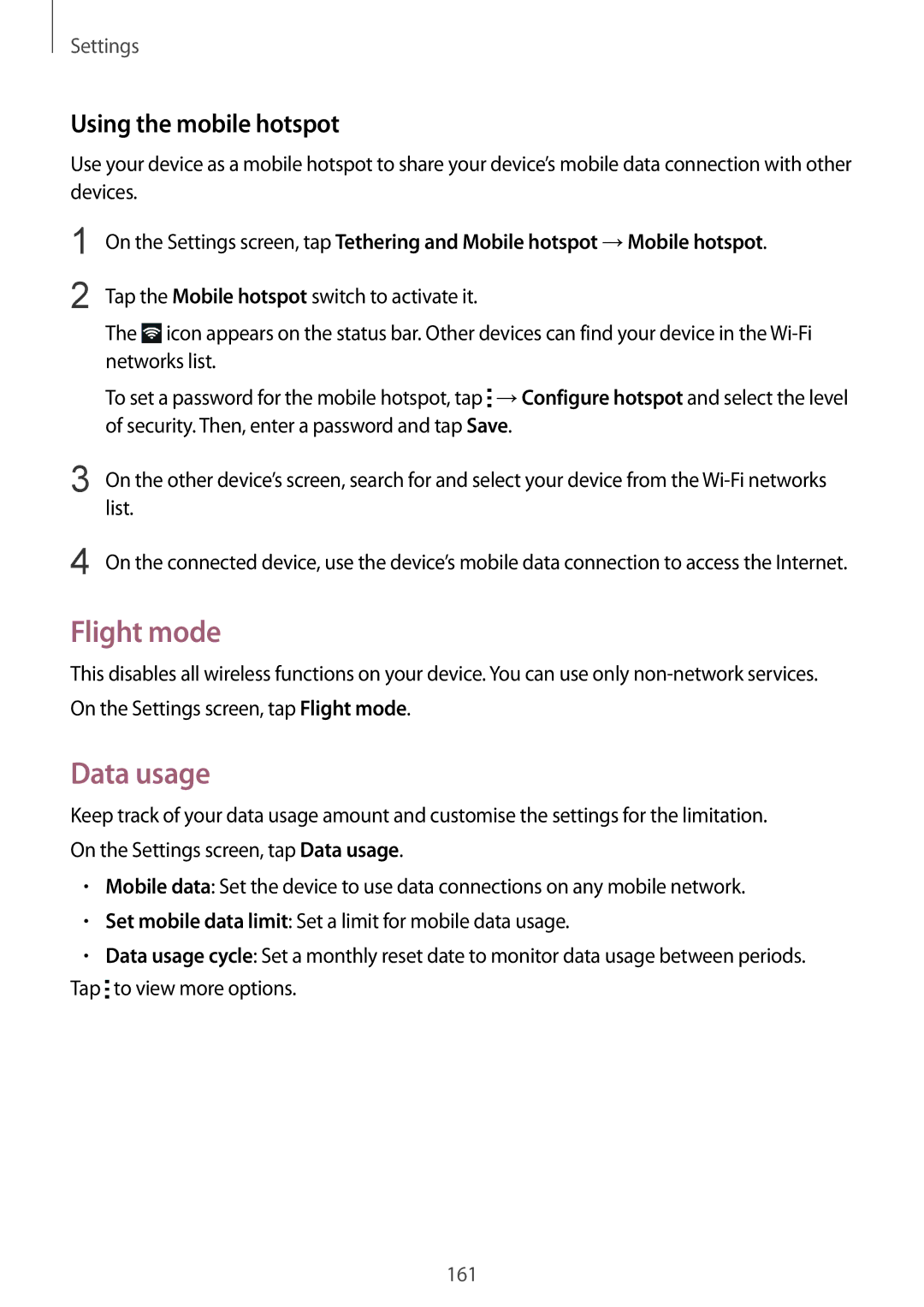 Samsung SM-N915FZKEXEV, SM-N915FZWEKSA, SM-N915FZWEXEV manual Flight mode, Data usage, Using the mobile hotspot, List 