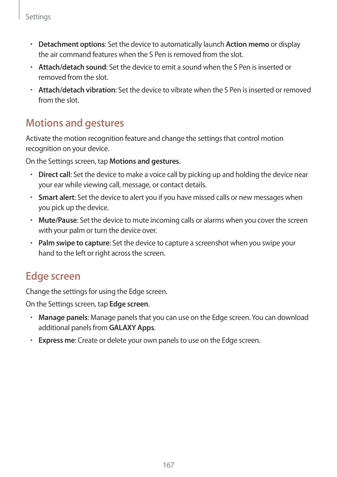 Samsung SM-N915FZWEXEV, SM-N915FZWEKSA, SM-N915FZKEXEV, SM-N915FZWEILO, SM-N915FZKEILO manual Motions and gestures, Edge screen 