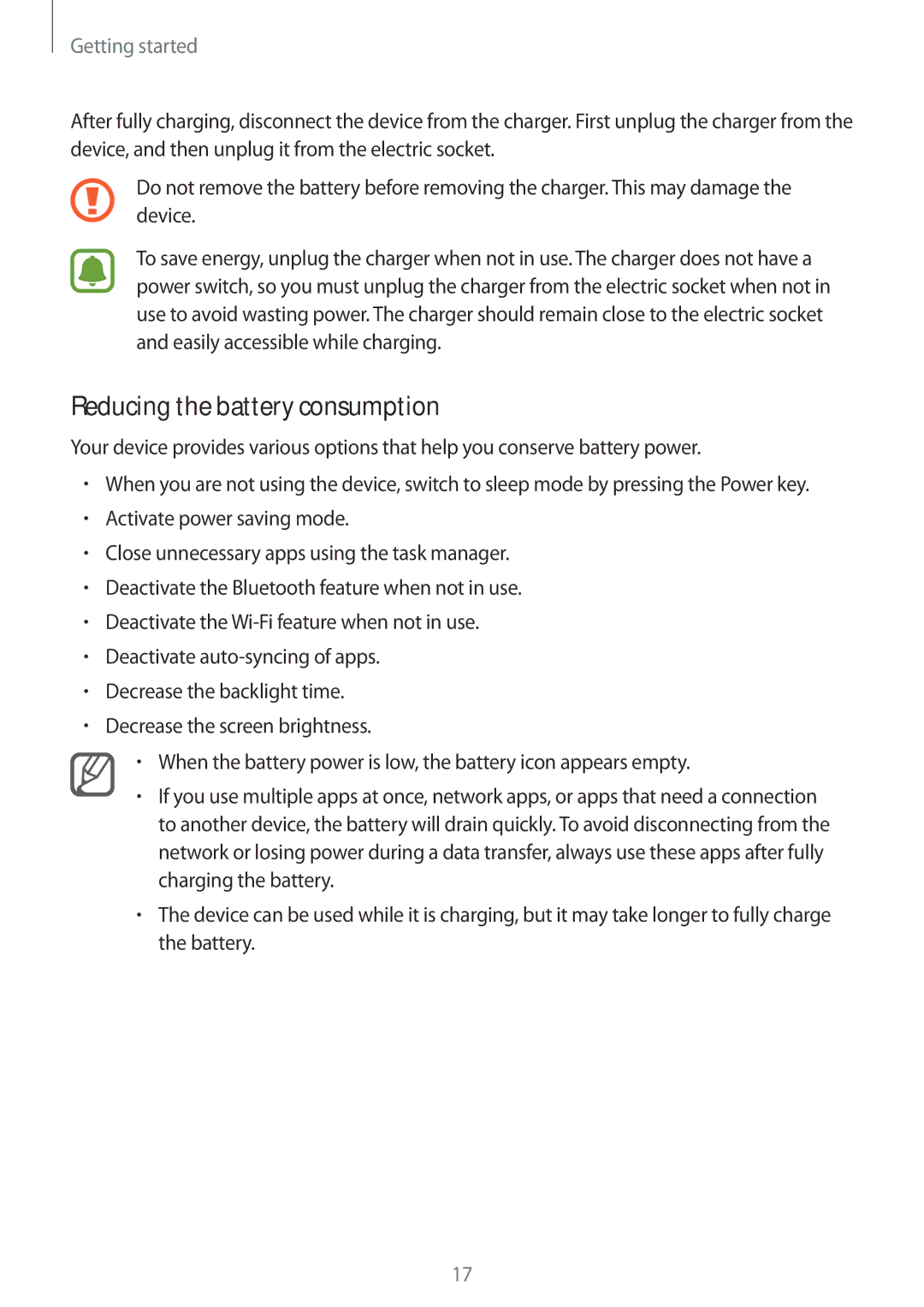 Samsung SM-N915FZWEXEV, SM-N915FZWEKSA, SM-N915FZKEXEV, SM-N915FZWEILO, SM-N915FZKEILO manual Reducing the battery consumption 