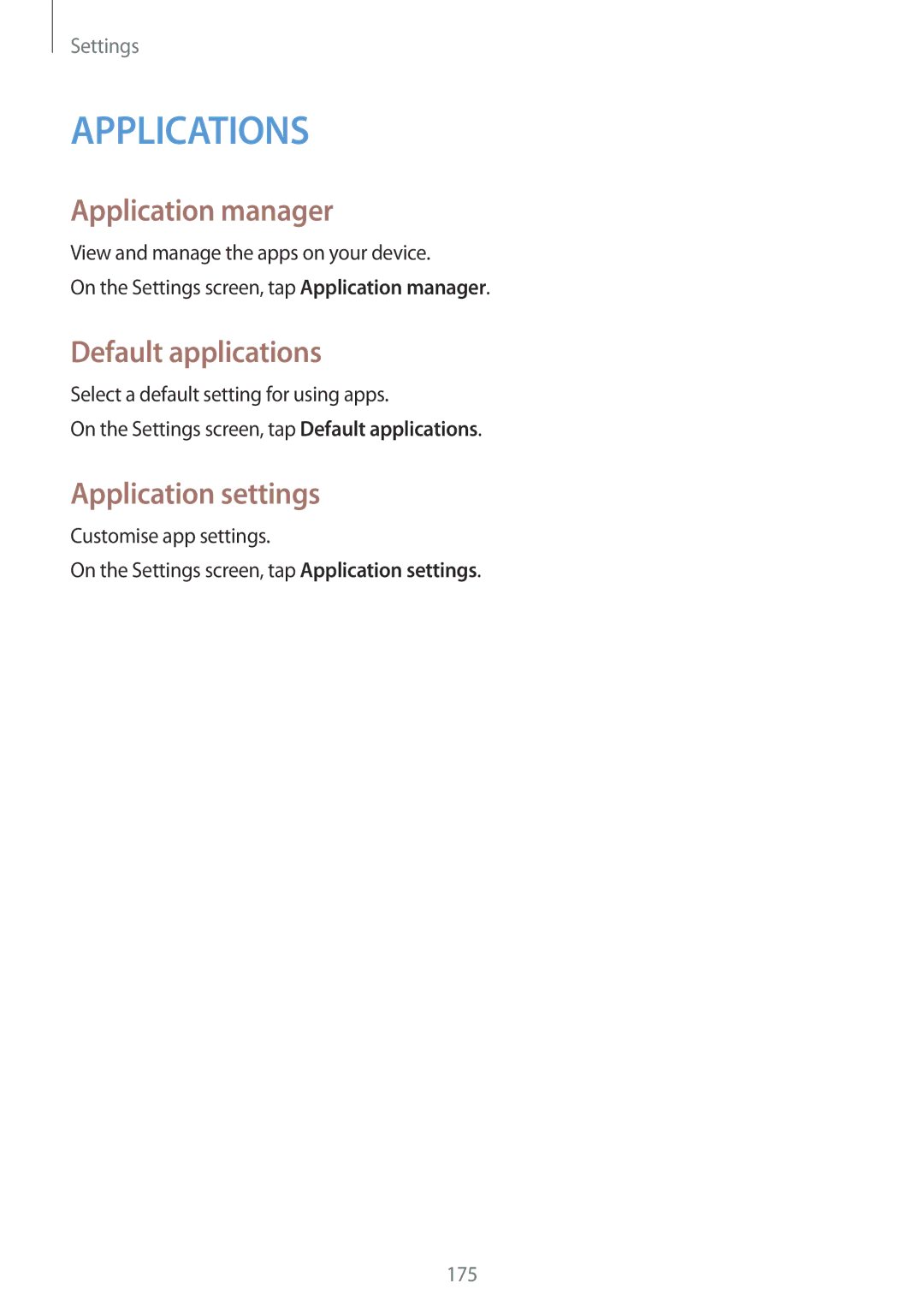 Samsung SM-N915FZWEKSA, SM-N915FZKEXEV, SM-N915FZWEXEV manual Application manager, Default applications, Application settings 