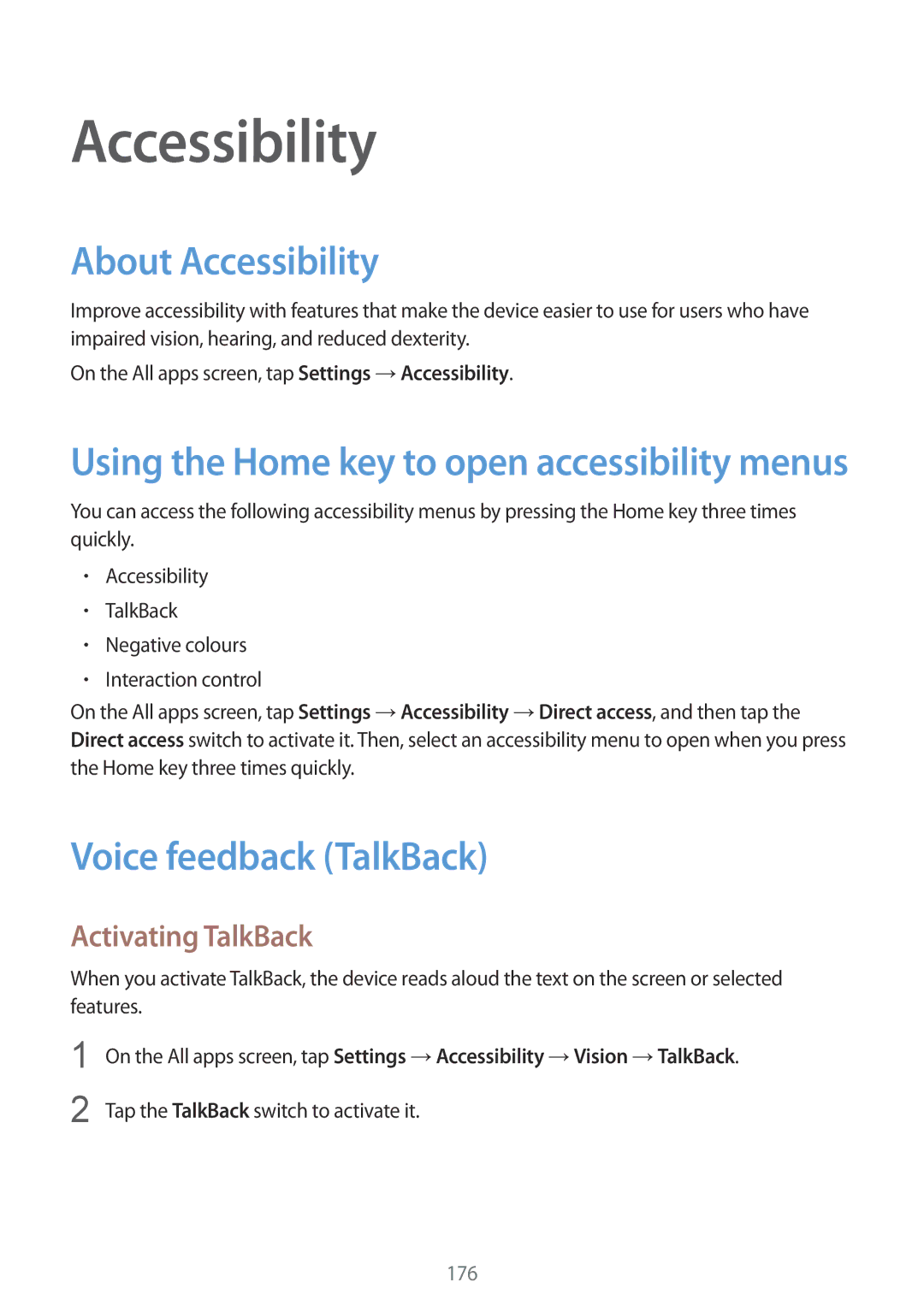 Samsung SM-N915FZKEXEV, SM-N915FZWEKSA manual About Accessibility, Voice feedback TalkBack, Activating TalkBack 