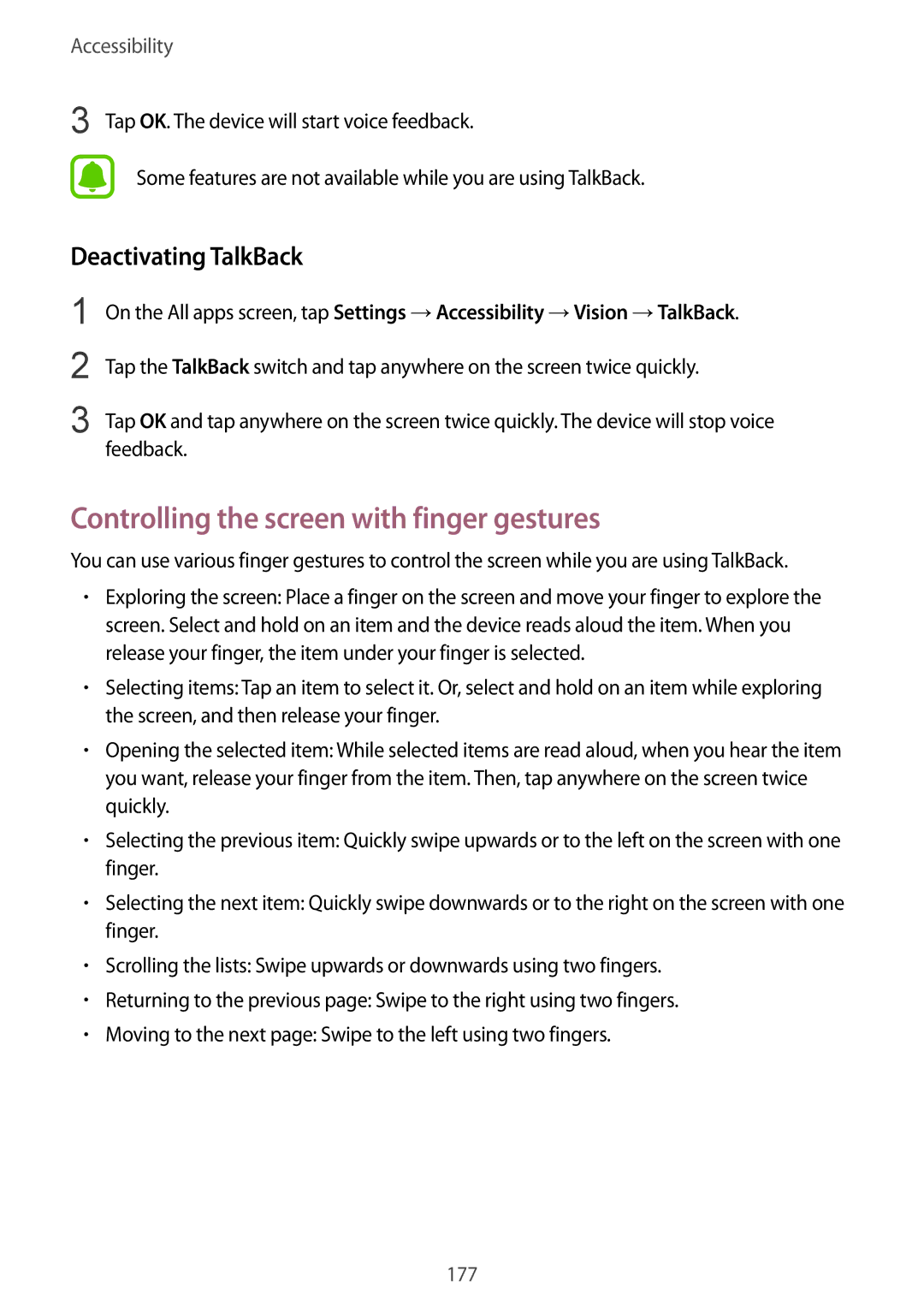 Samsung SM-N915FZWEXEV, SM-N915FZWEKSA, SM-N915FZKEXEV Controlling the screen with finger gestures, Deactivating TalkBack 