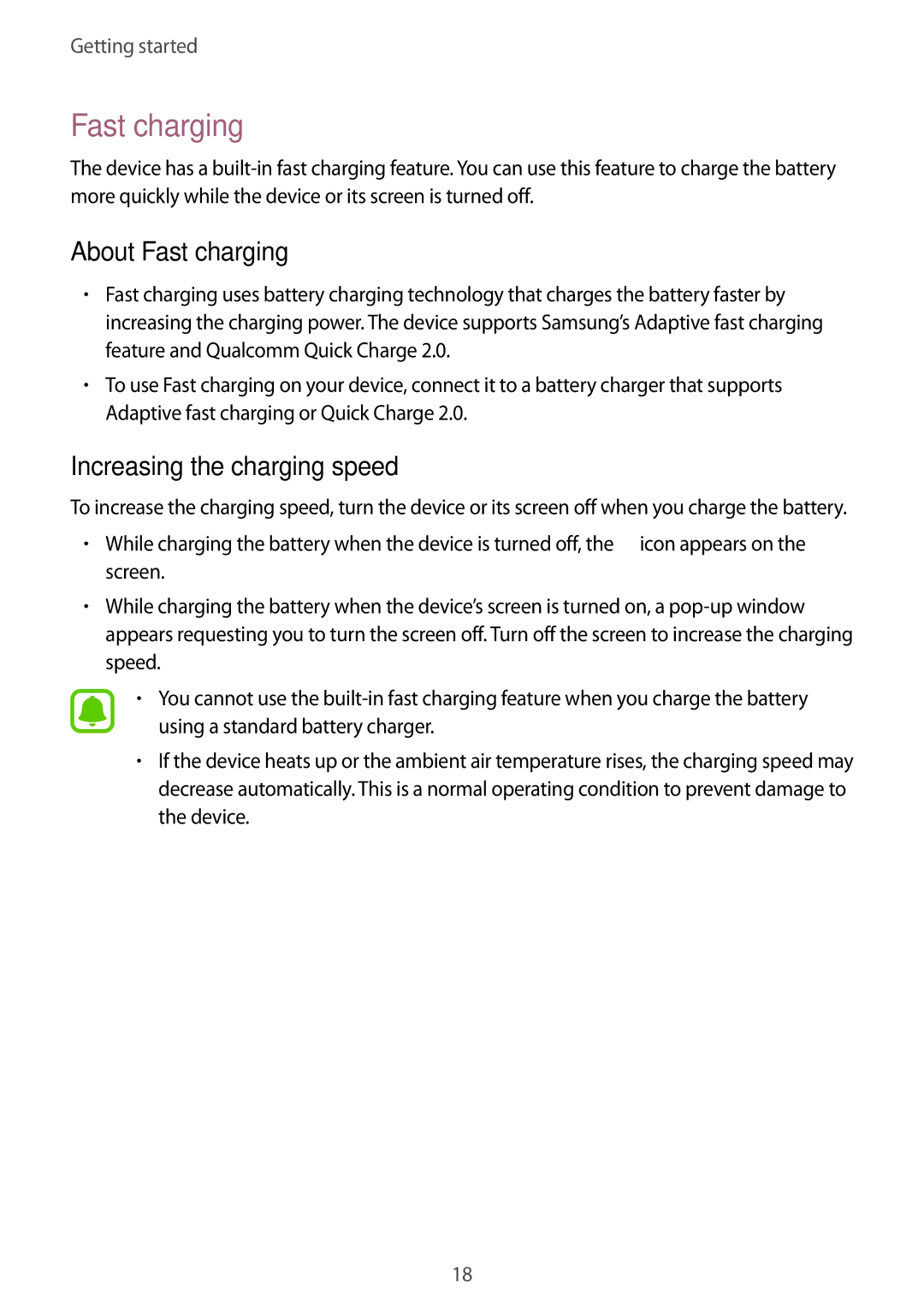 Samsung SM-N915FZWEILO, SM-N915FZWEKSA, SM-N915FZKEXEV manual About Fast charging, Increasing the charging speed 