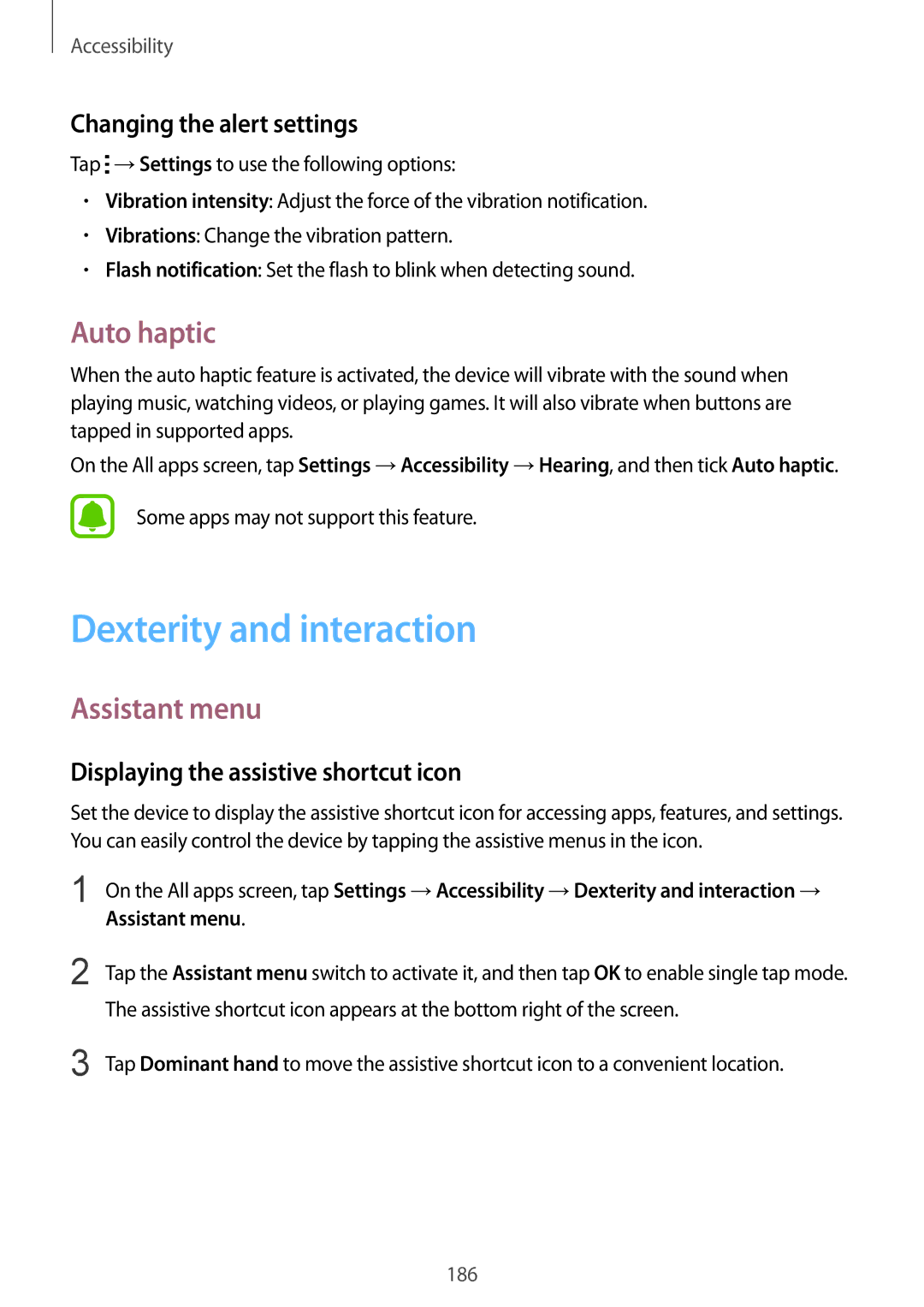 Samsung SM-N915FZKEXEV, SM-N915FZWEKSA Dexterity and interaction, Auto haptic, Assistant menu, Changing the alert settings 