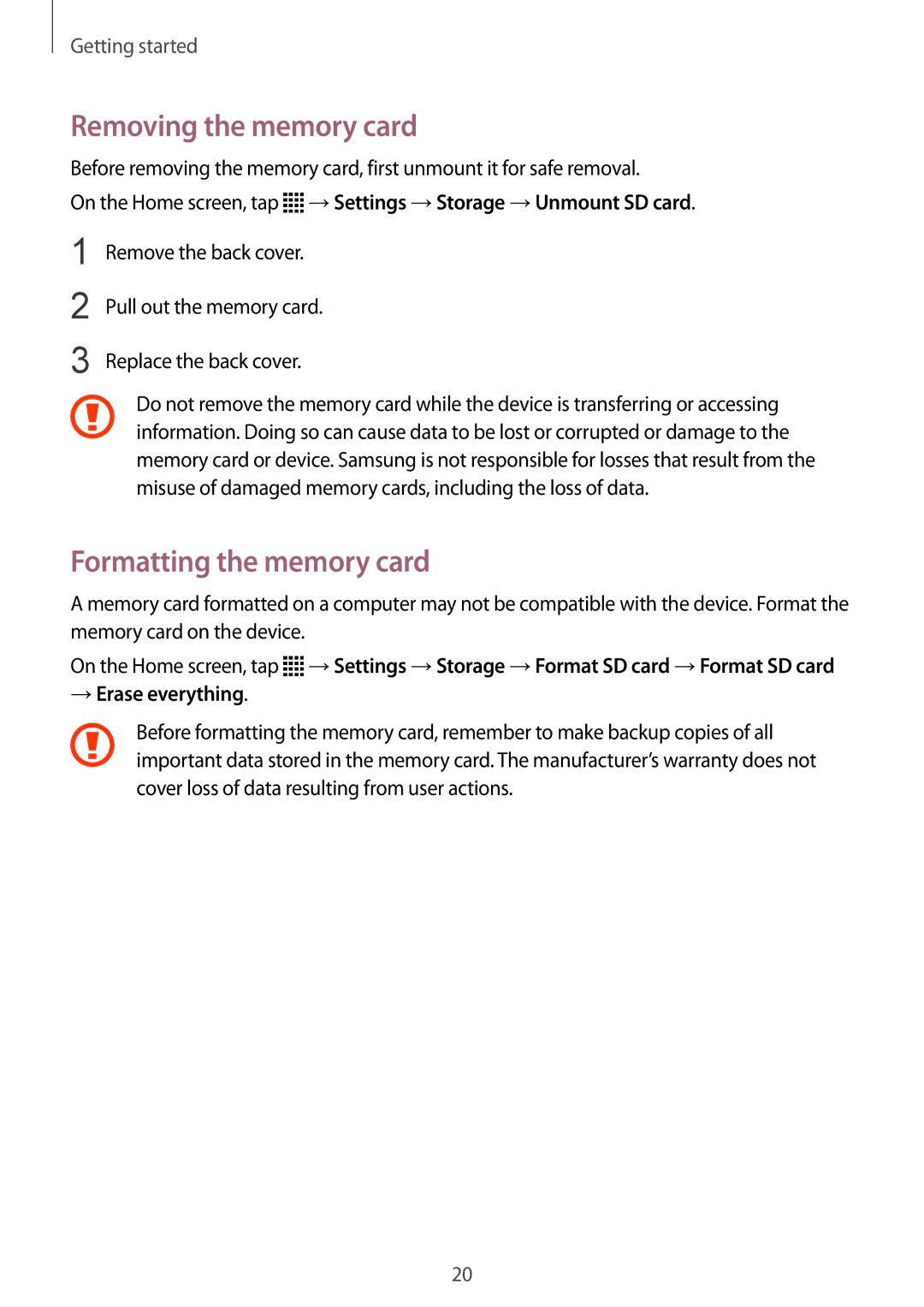 Samsung SM-N915FZWEKSA, SM-N915FZKEXEV manual Removing the memory card, Formatting the memory card, → Erase everything 