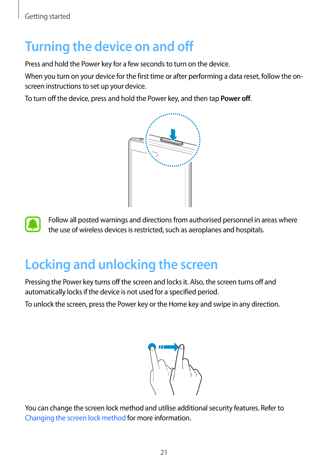 Samsung SM-N915FZKEXEV, SM-N915FZWEKSA, SM-N915FZWEXEV manual Turning the device on and off, Locking and unlocking the screen 