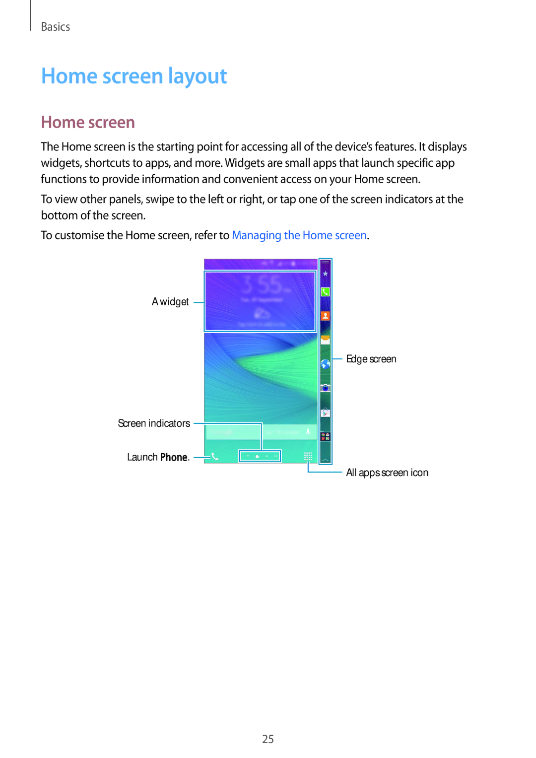 Samsung SM-N915FZWEKSA, SM-N915FZKEXEV, SM-N915FZWEXEV, SM-N915FZWEILO, SM-N915FZKEILO manual Home screen layout 