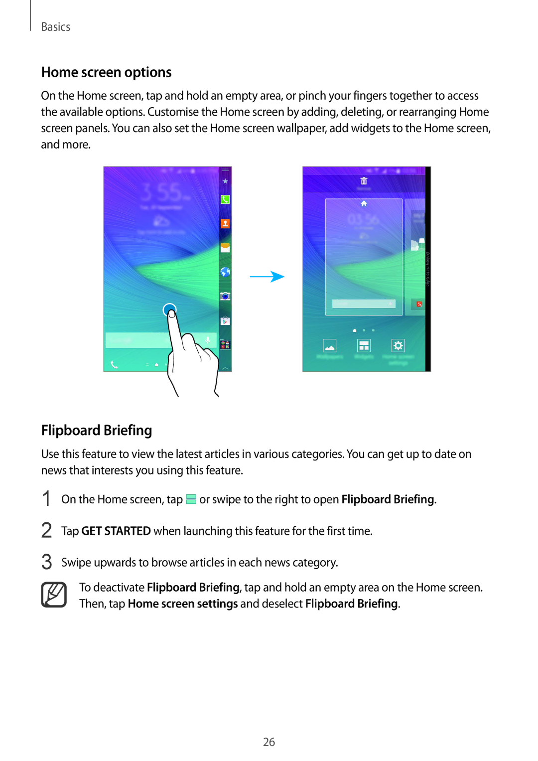 Samsung SM-N915FZKEXEV, SM-N915FZWEKSA, SM-N915FZWEXEV, SM-N915FZWEILO manual Home screen options, Flipboard Briefing 