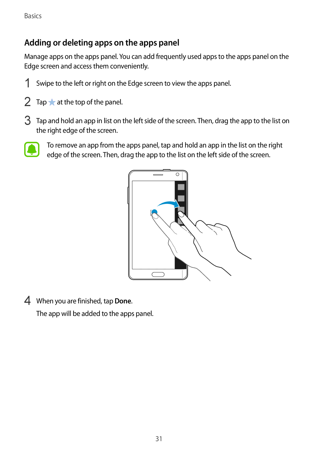 Samsung SM-N915FZKEXEV, SM-N915FZWEKSA, SM-N915FZWEXEV, SM-N915FZWEILO manual Adding or deleting apps on the apps panel 