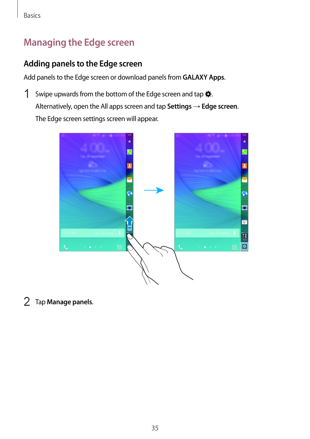 Samsung SM-N915FZWEKSA, SM-N915FZKEXEV manual Managing the Edge screen, Adding panels to the Edge screen, Tap Manage panels 