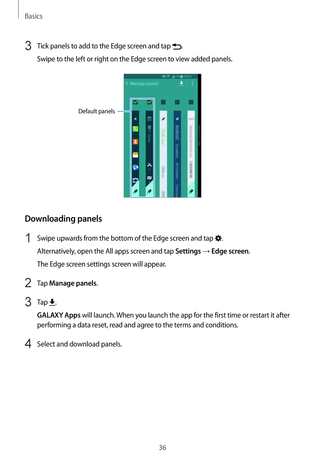 Samsung SM-N915FZKEXEV, SM-N915FZWEKSA, SM-N915FZWEXEV, SM-N915FZWEILO Downloading panels, Tap, Select and download panels 