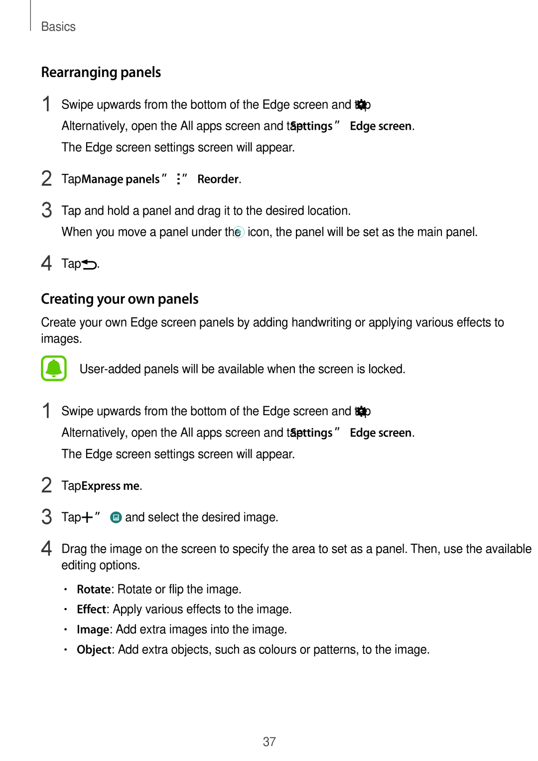 Samsung SM-N915FZWEXEV manual Rearranging panels, Creating your own panels, Tap Manage panels → →Reorder, Tap Express me 