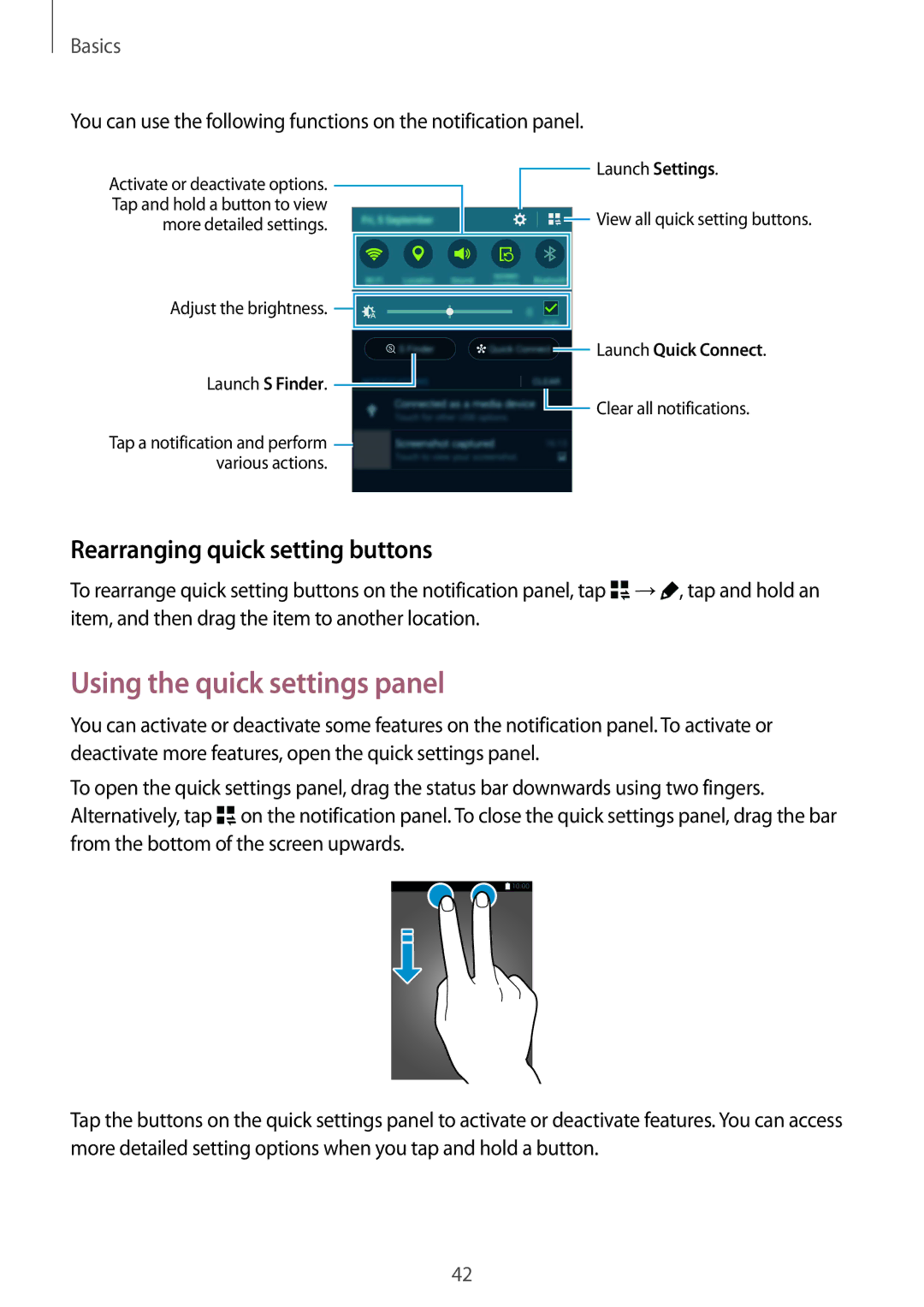 Samsung SM-N915FZWEXEV, SM-N915FZWEKSA, SM-N915FZKEXEV Using the quick settings panel, Rearranging quick setting buttons 