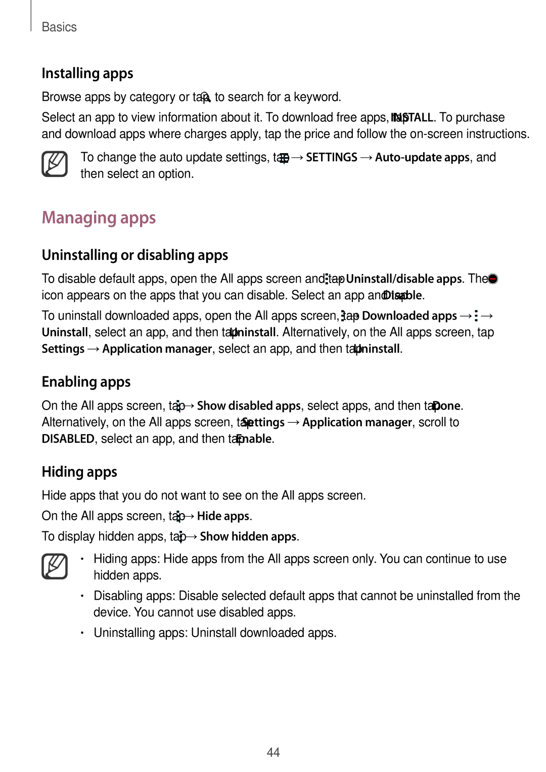 Samsung SM-N915FZKEILO, SM-N915FZWEKSA manual Managing apps, Uninstalling or disabling apps, Enabling apps, Hiding apps 