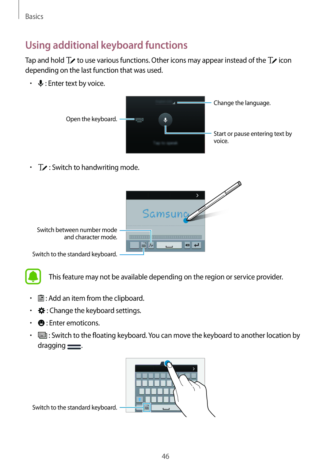 Samsung SM-N915FZKEXEV, SM-N915FZWEKSA manual Using additional keyboard functions, Switch to handwriting mode, Dragging 