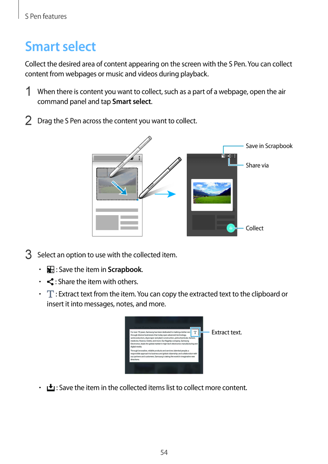 Samsung SM-N915FZKEILO manual Command panel and tap Smart select, Drag the S Pen across the content you want to collect 