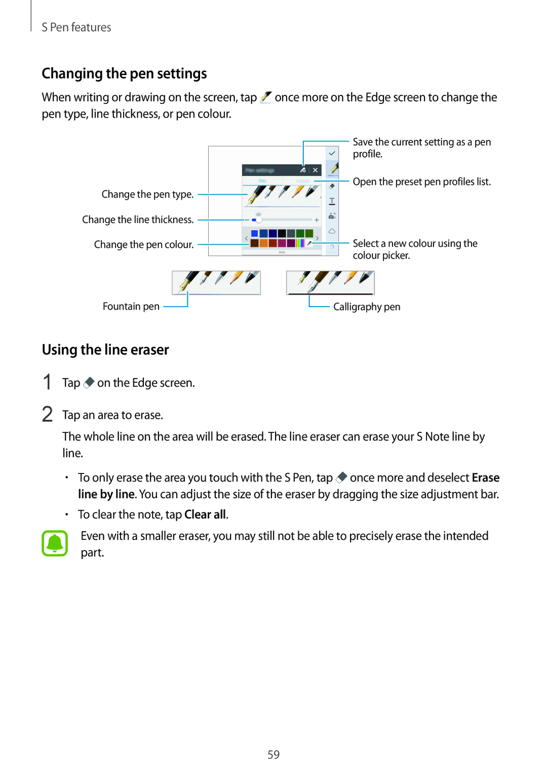 Samsung SM-N915FZKEILO, SM-N915FZWEKSA, SM-N915FZKEXEV, SM-N915FZWEXEV manual Changing the pen settings, Using the line eraser 