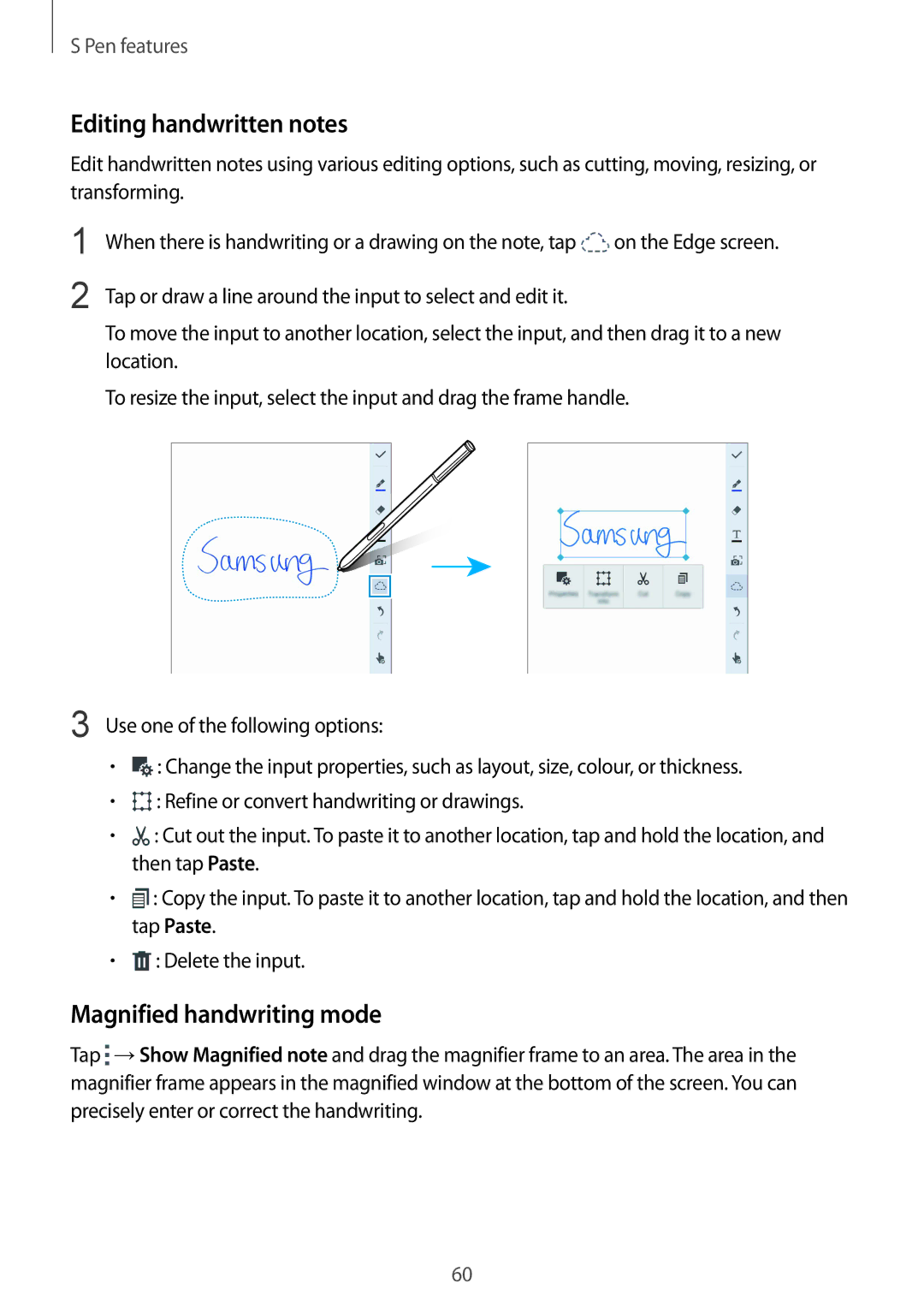 Samsung SM-N915FZWEKSA, SM-N915FZKEXEV, SM-N915FZWEXEV, SM-N915FZWEILO Editing handwritten notes, Magnified handwriting mode 