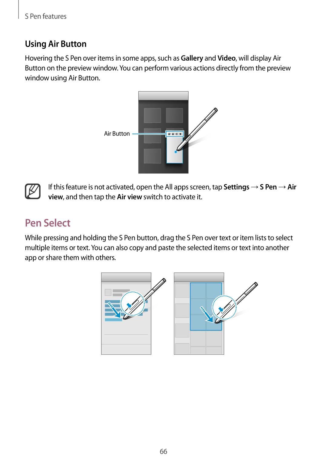 Samsung SM-N915FZKEXEV, SM-N915FZWEKSA, SM-N915FZWEXEV, SM-N915FZWEILO, SM-N915FZKEILO manual Pen Select, Using Air Button 