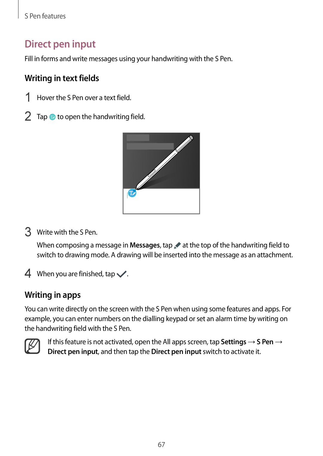 Samsung SM-N915FZWEXEV manual Direct pen input, Writing in text fields, Writing in apps, When you are finished, tap 