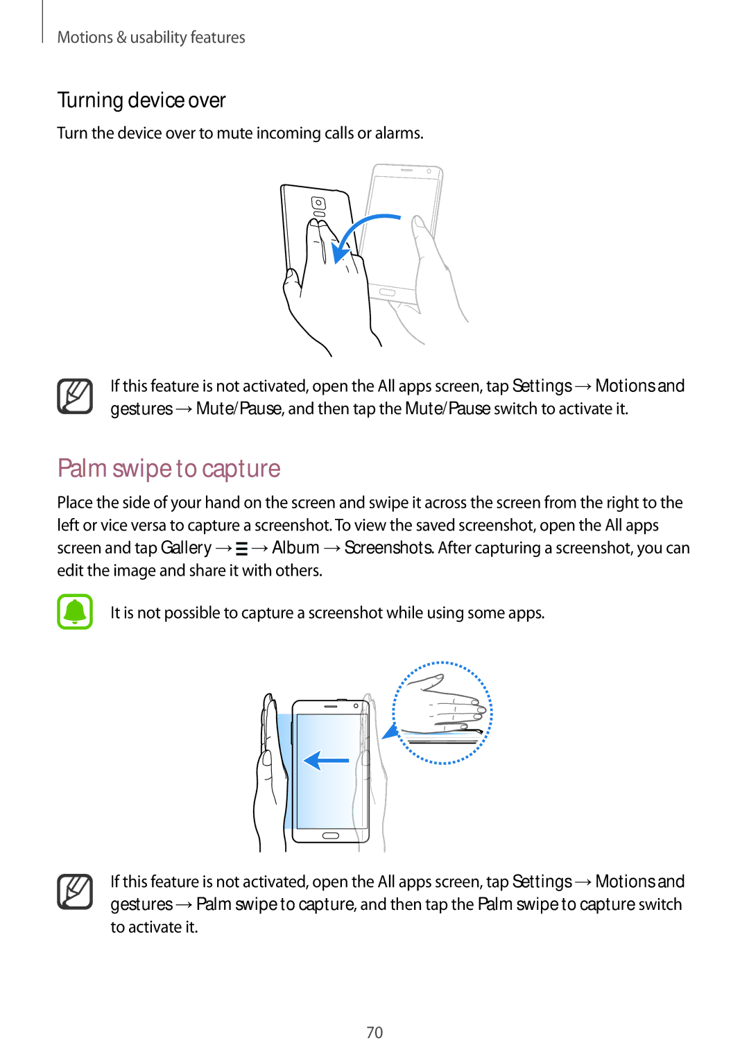 Samsung SM-N915FZWEKSA Palm swipe to capture, Turning device over, Turn the device over to mute incoming calls or alarms 