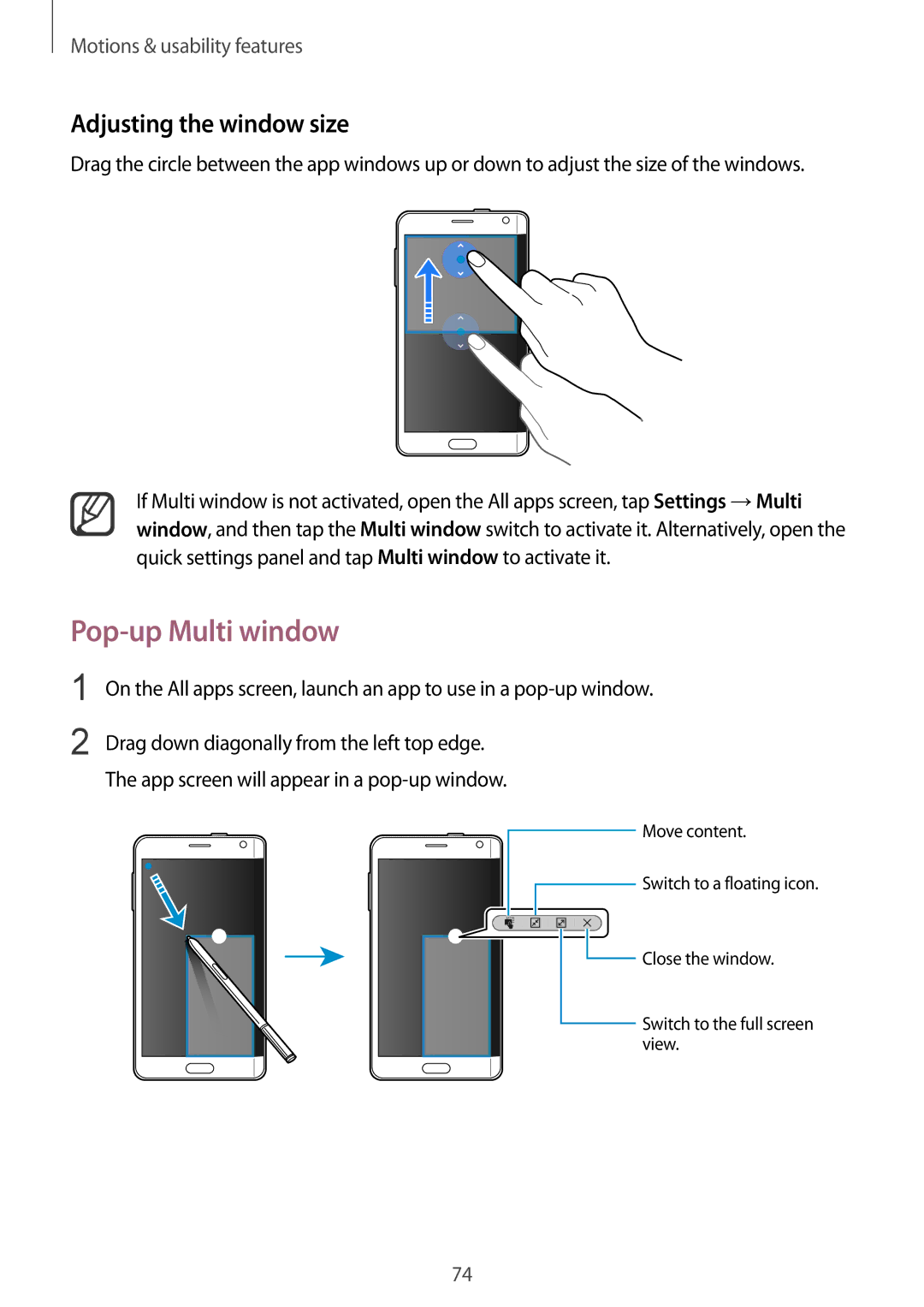 Samsung SM-N915FZKEILO, SM-N915FZWEKSA, SM-N915FZKEXEV, SM-N915FZWEXEV manual Pop-up Multi window, Adjusting the window size 