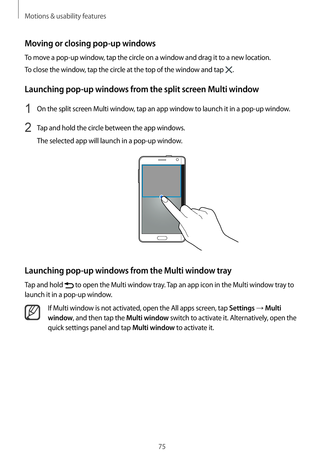 Samsung SM-N915FZWEKSA manual Moving or closing pop-up windows, Launching pop-up windows from the split screen Multi window 