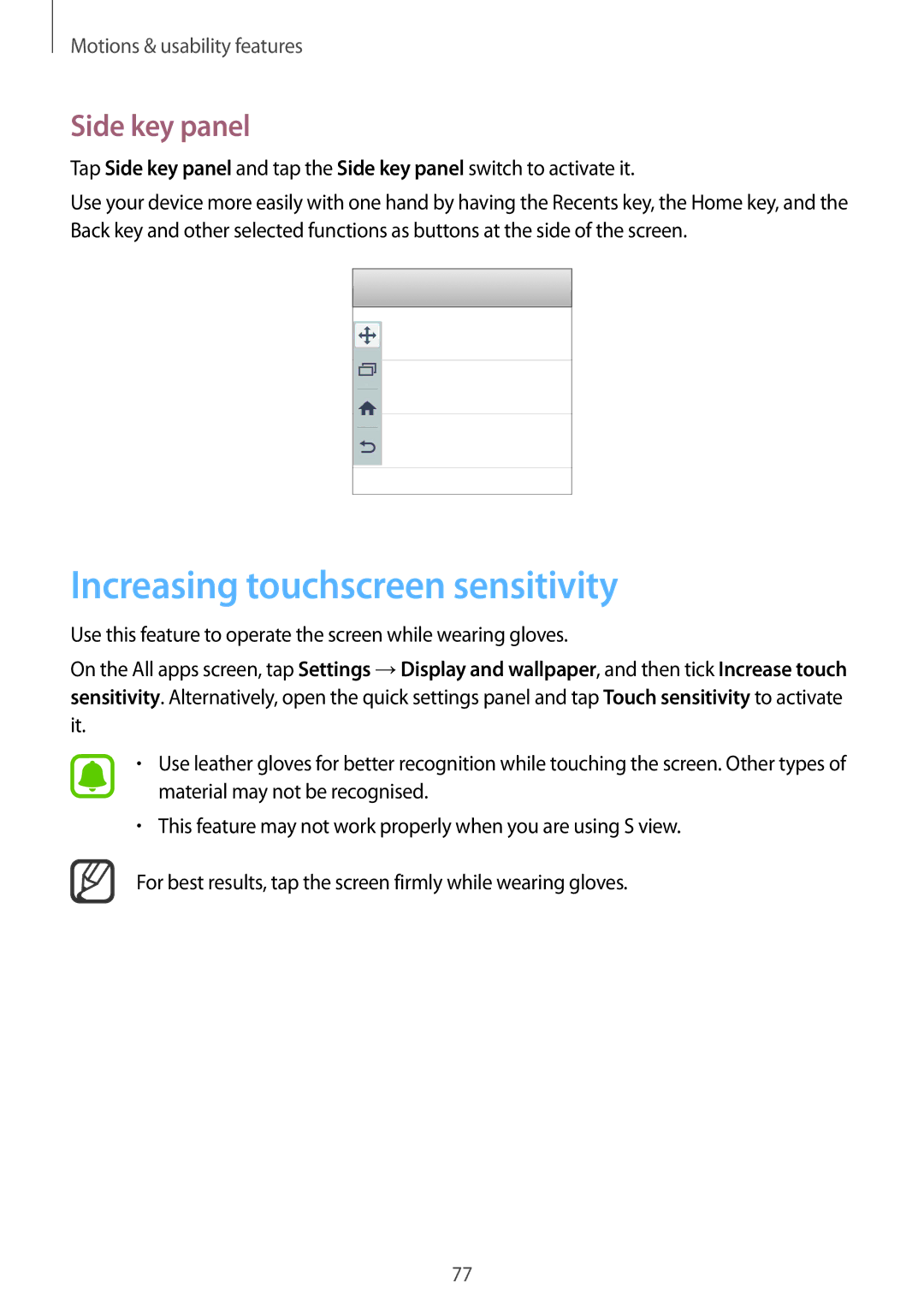 Samsung SM-N915FZWEXEV, SM-N915FZWEKSA, SM-N915FZKEXEV, SM-N915FZWEILO Increasing touchscreen sensitivity, Side key panel 