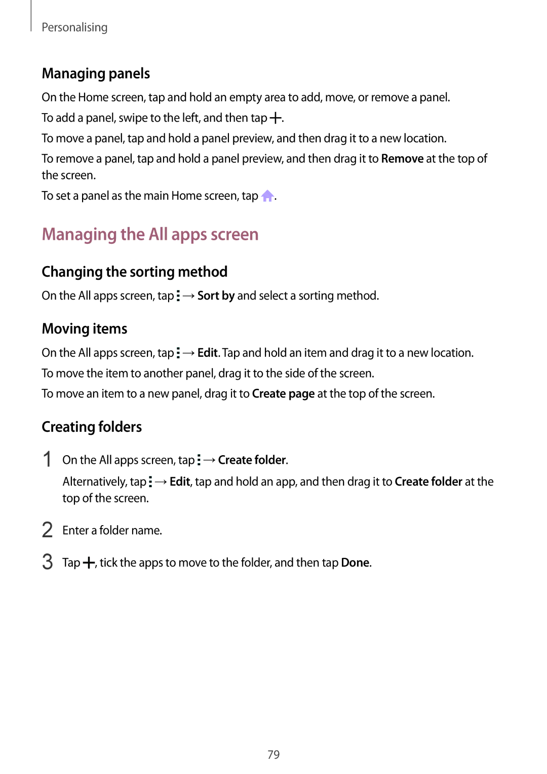 Samsung SM-N915FZKEILO manual Managing the All apps screen, Managing panels, Changing the sorting method, Moving items 