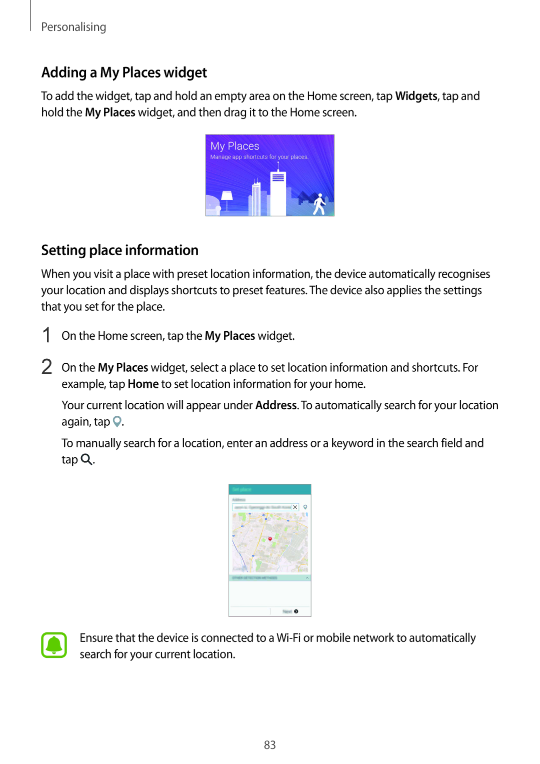 Samsung SM-N915FZWEILO, SM-N915FZWEKSA, SM-N915FZKEXEV, SM-N915FZWEXEV Adding a My Places widget, Setting place information 