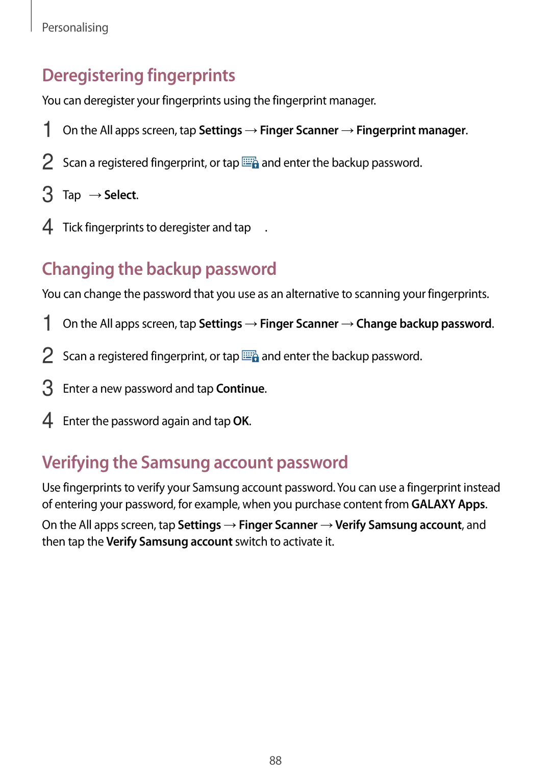 Samsung SM-N915FZWEILO Deregistering fingerprints, Changing the backup password, Verifying the Samsung account password 