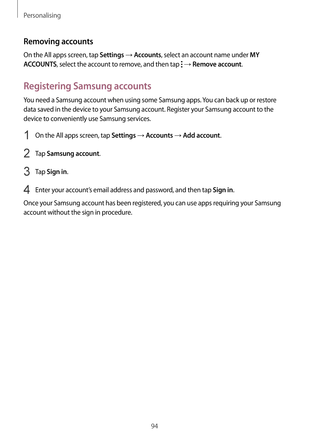 Samsung SM-N915FZKEILO, SM-N915FZWEKSA manual Registering Samsung accounts, Removing accounts, Tap Samsung account Tap Sign 