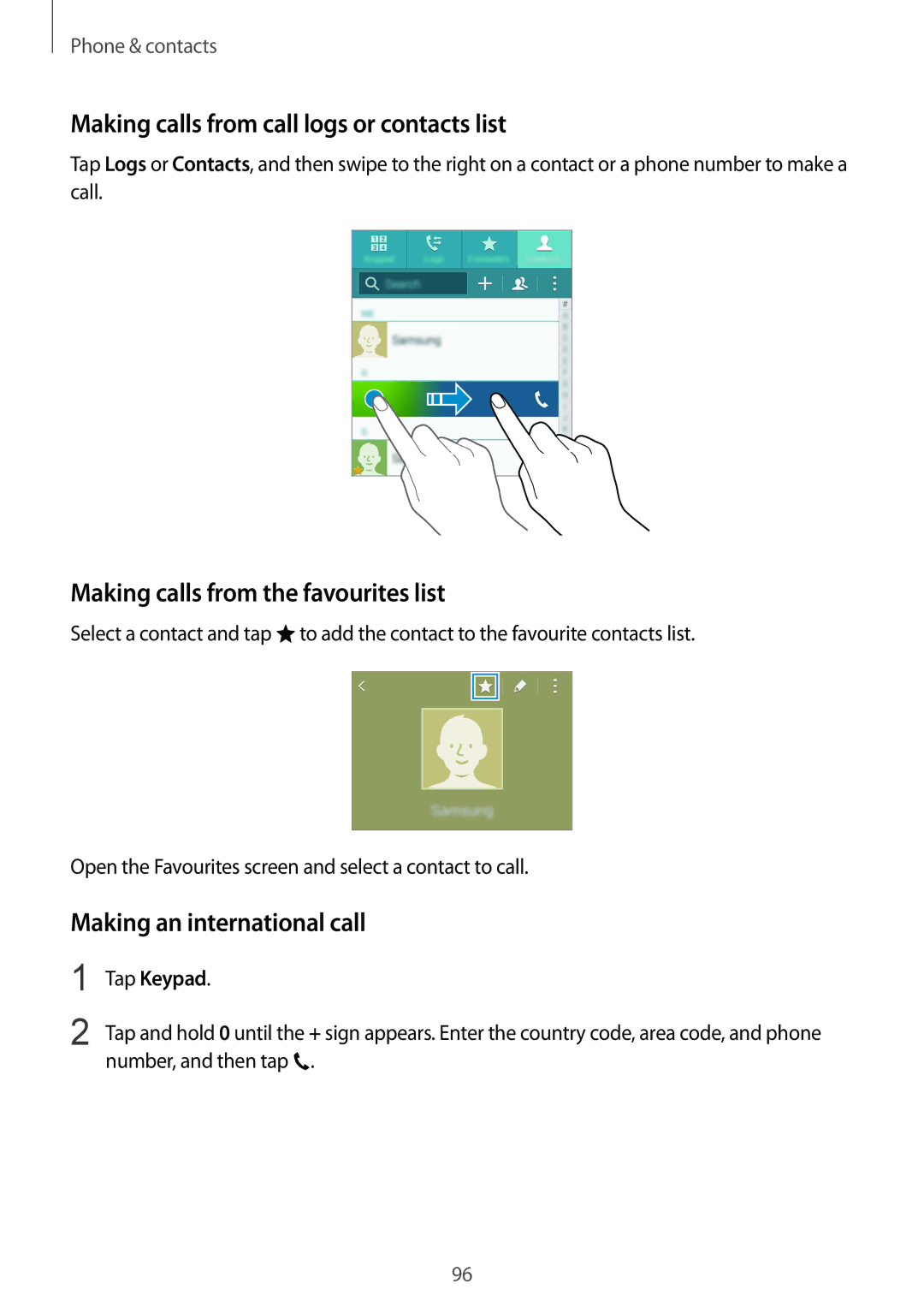 Samsung SM-N915FZKEXEV Making calls from call logs or contacts list, Making calls from the favourites list, Tap Keypad 