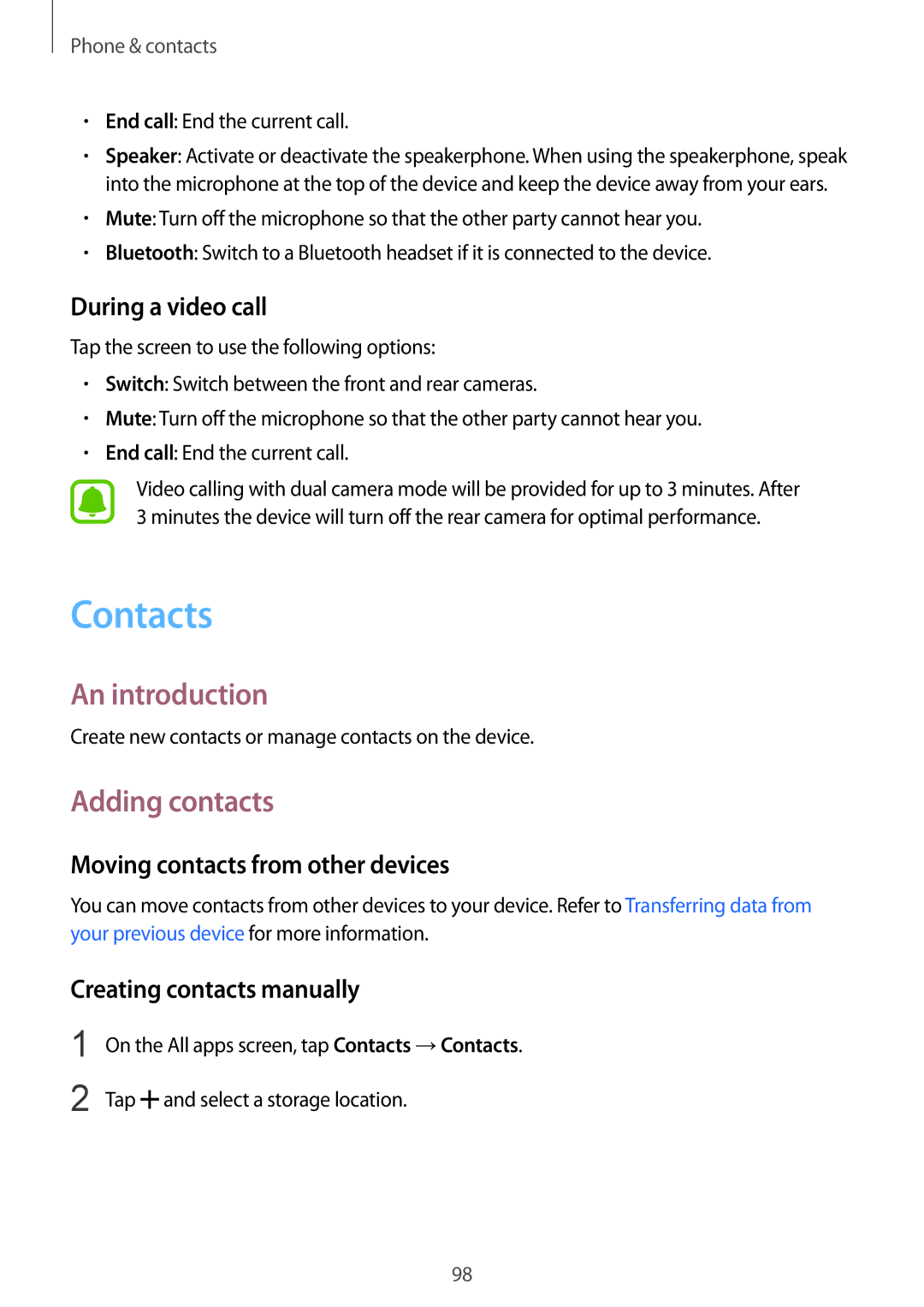 Samsung SM-N915FZWEILO, SM-N915FZWEKSA Contacts, Adding contacts, During a video call, Moving contacts from other devices 