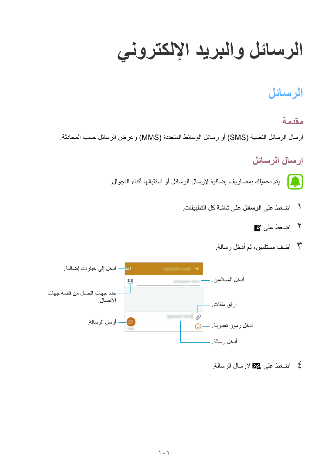 Samsung SM-N915FZWEKSA manual ينورتكللإا ديربلاو لئاسرلا, لئاسرلا لاسرإ, 101 